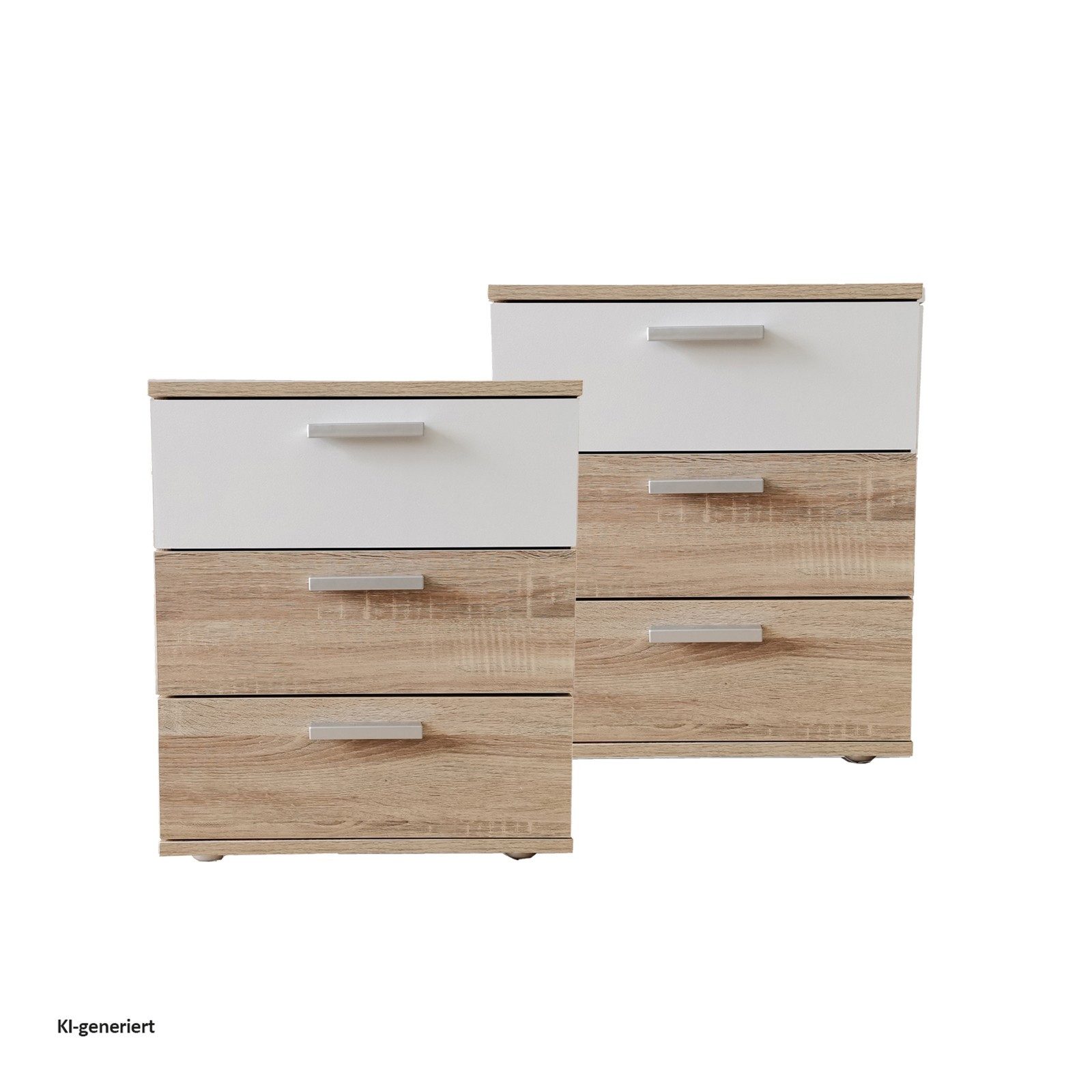 HTI-Living Nachtschrank Nachtkommode 3 Schubladen Nina Sonoma Weiß 2er-Set (Set, 2-St., 2 Nachtschränke) Nachtschrank Nachttisch