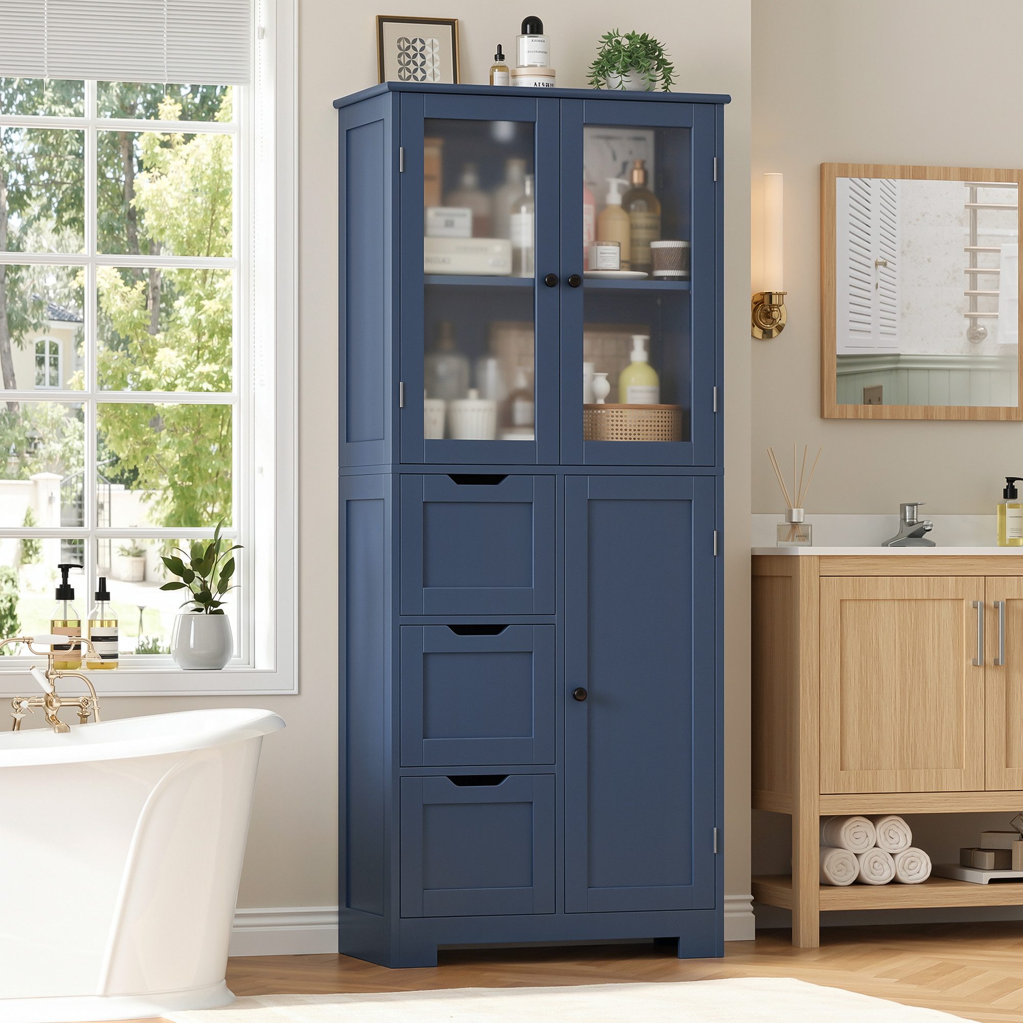 HOMECHO Hochschrank Badezimmerschrank mit 3 Türen und 3 Schubladen