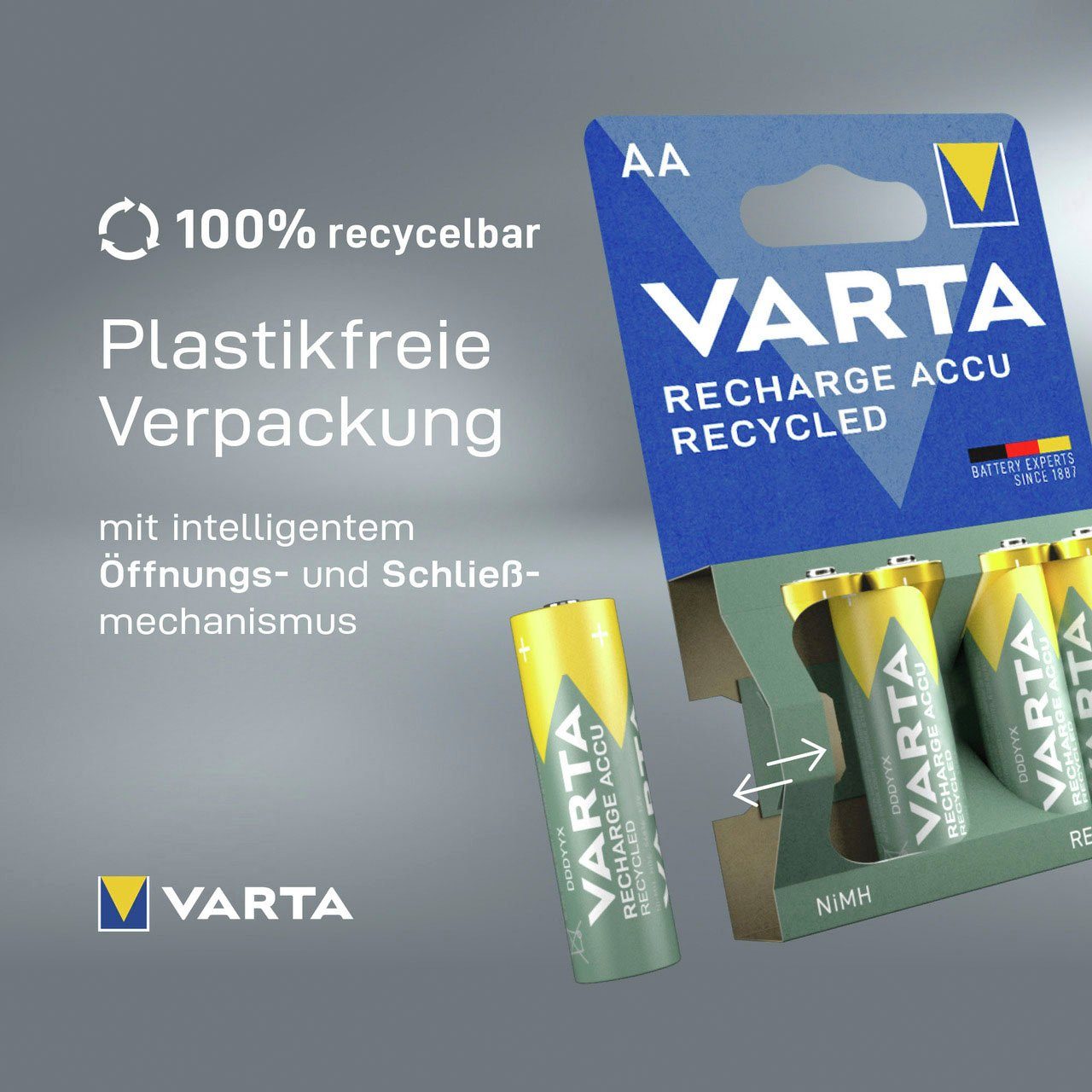 VARTA wiederauflaudbare Akkus Akku (1,2 St), Recycled V, Recharge wiederaufladbar Micro mAh 800 VARTA Accu 4