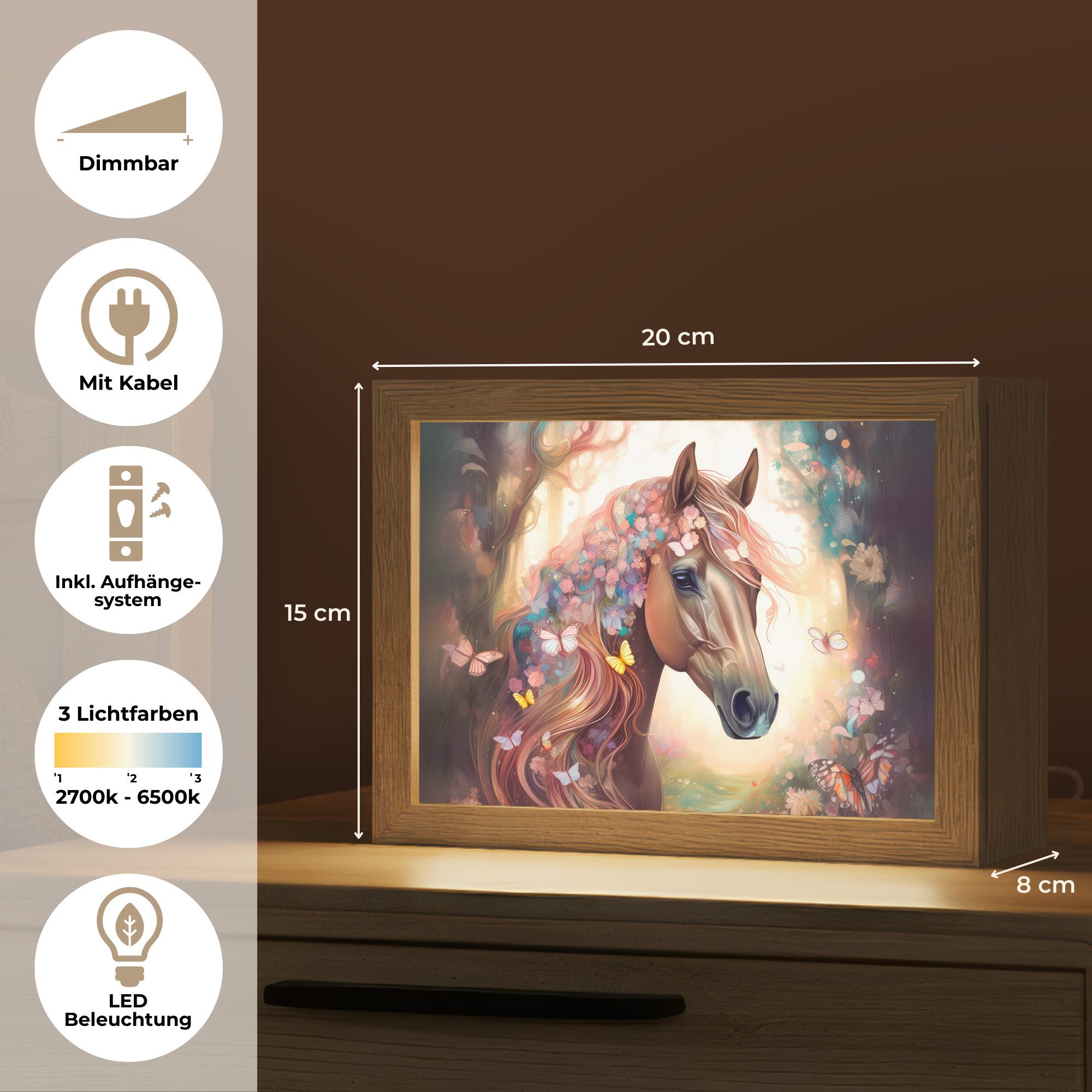 OnlyWow Nachttischlampe Lightbox Pferd - Natur - Blumen - Schmetterlinge - Wald - Mädchen, Dimmbar, Farbwechsel, LED, Warmweiß, Kaltweiß, Neutralweiß Einstellbar, Nachtlicht, Kinder- und Babyzimmer, Dimmbar, mit Kabel, Tischleuchte