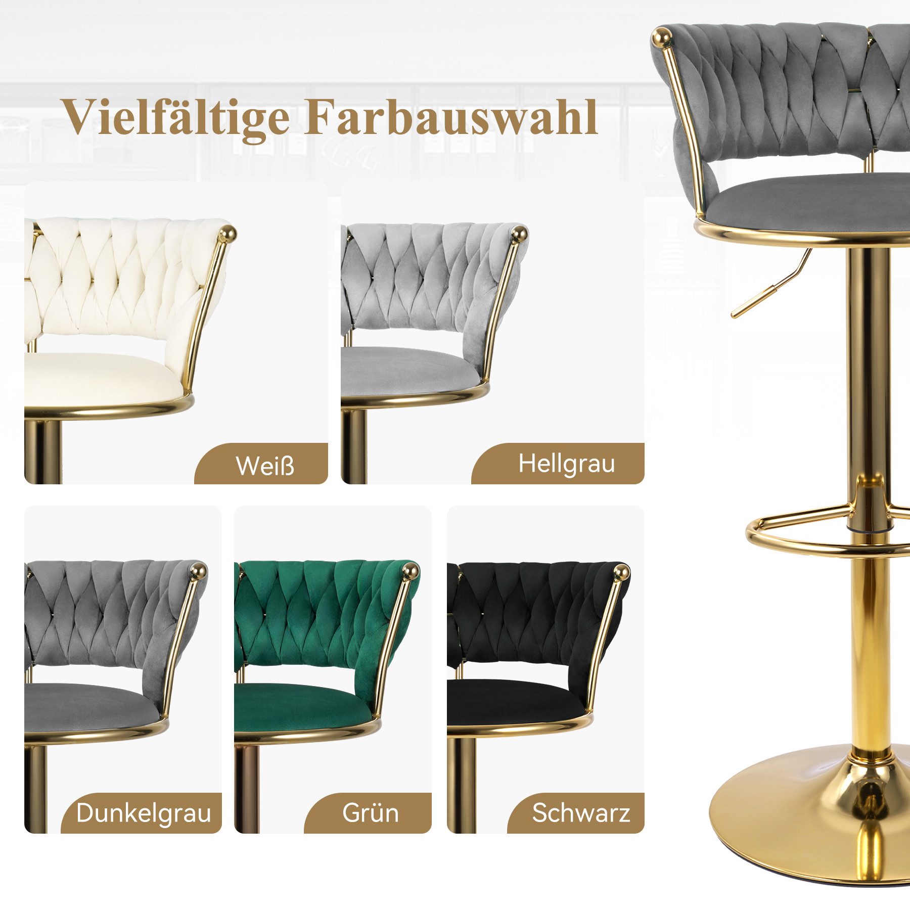 HawthyHome Barhocker Barstuhl mit Rückenlehne und Fußstütze höhenverstellbar drehbar (2 St), mit goldener Metallbasis, Dunkelgrau – Bild 5 von 5