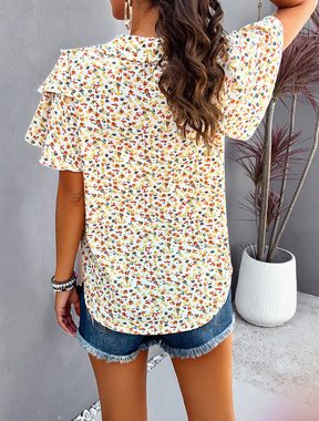 BlauWave Druckbluse Elegantes bedrucktes Top mit Blumenbesatz für Damen (Geeignet für das tägliche Tragen, 1-tlg., Geeignet für den Strand) V-Ausschnitt Kurzarm-Sommer-Shirt