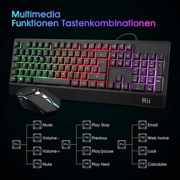 Rii Gaming Tastatur Maus Set RGB Hintergrundbeleuchtung QWERTZ DE-Layout Tastatur- und Maus-Set, Gaming Tastatur und Maus Set, Maus und Tastatur