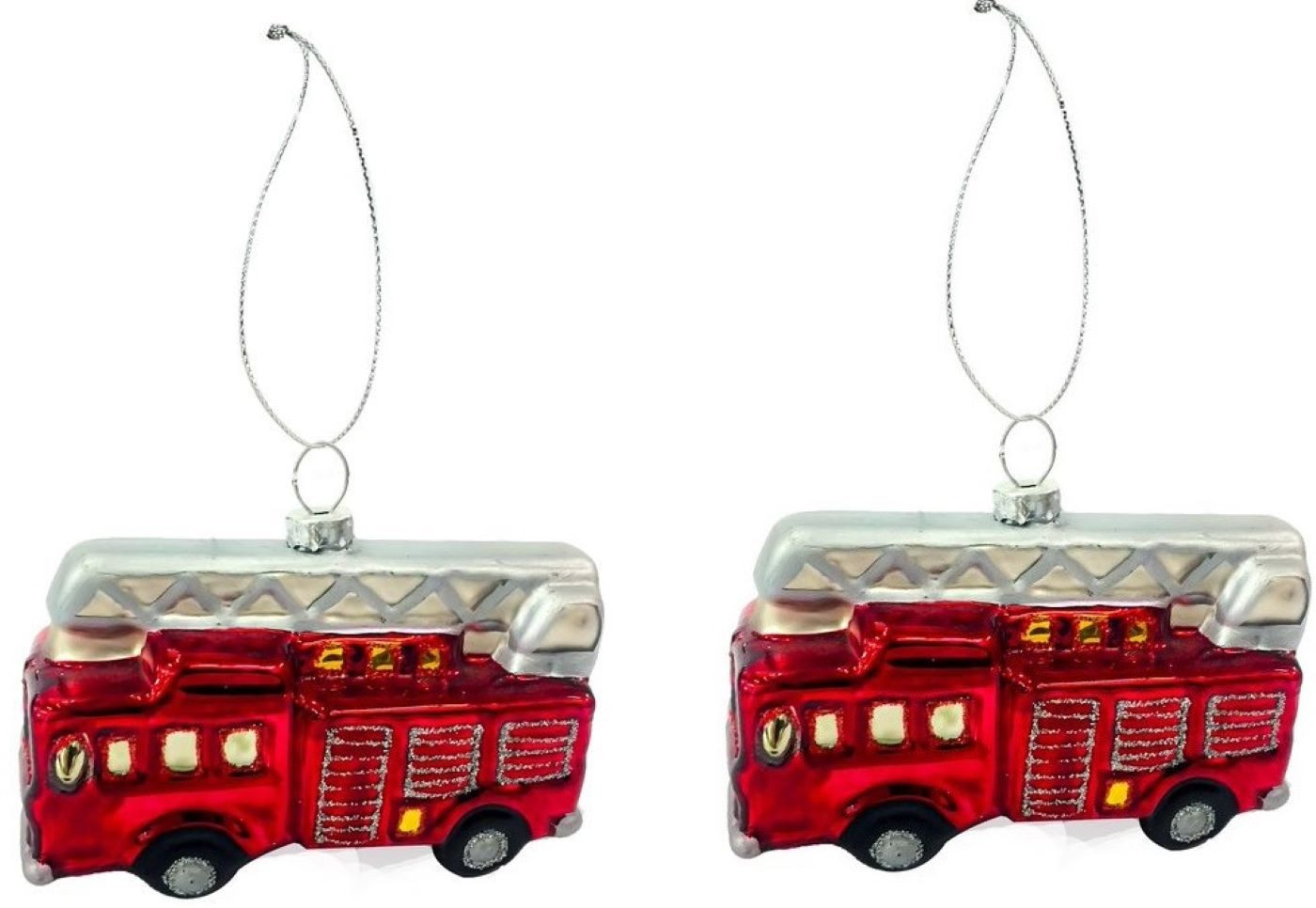 Geschenkestadl Christbaumschmuck 2 Feuerwehrautos 8,4 und 10 cm Glas Weihnachtshänger Geschenkanhänger, Weihanchtsbaumanhänger, Christbaumanhänger, Glasanhänger, Feuerwehr