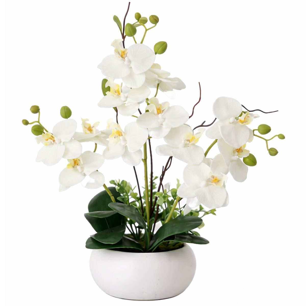 Kunstpflanze Künstliche Orchideen im Topf - Weiße Phalaenopsis Kunstblumen- 36cm orchideen, SURFOU, Dekorative Phalaenopsis mit Seidenblüten & Keramiktopf, Zimmerpflanzen