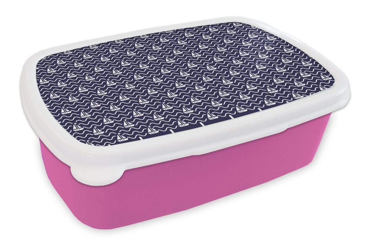 MuchoWow Lunchbox Muster - Meer - Boot, Kunststoff, (2-tlg), Brotbox für Erwachsene, Brotdose Kinder, Snackbox, Mädchen, Kunststoff rosa