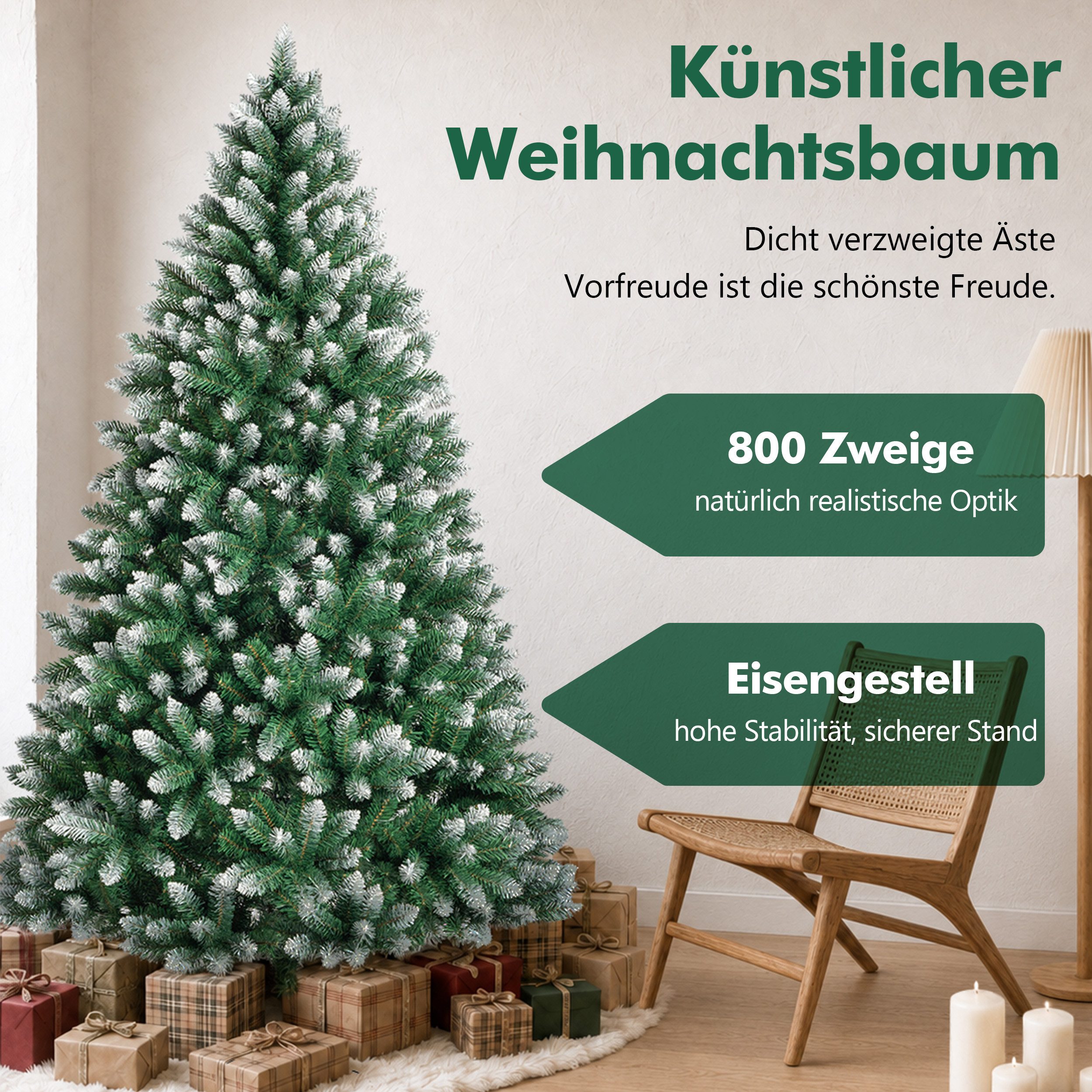 Vankel Künstlicher Weihnachtsbaum grüner Tannenbaum mit weißen Spitzen, Schnee-Optik und Metallständer, Grüner Tannenbaum mit dezenten Schneeakzenten und einem  – Bild 4 von 5