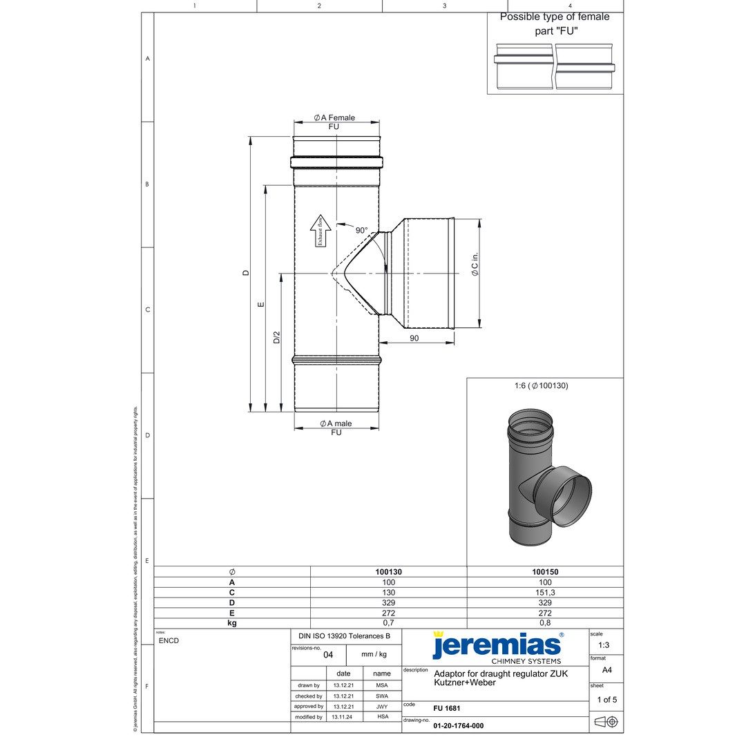 Jeremias Schornstein EW-FU Zugregler-Anschl. rnd., Jeremias ZUK, Ø 120 / 130 mm, Ø 130120 mm
