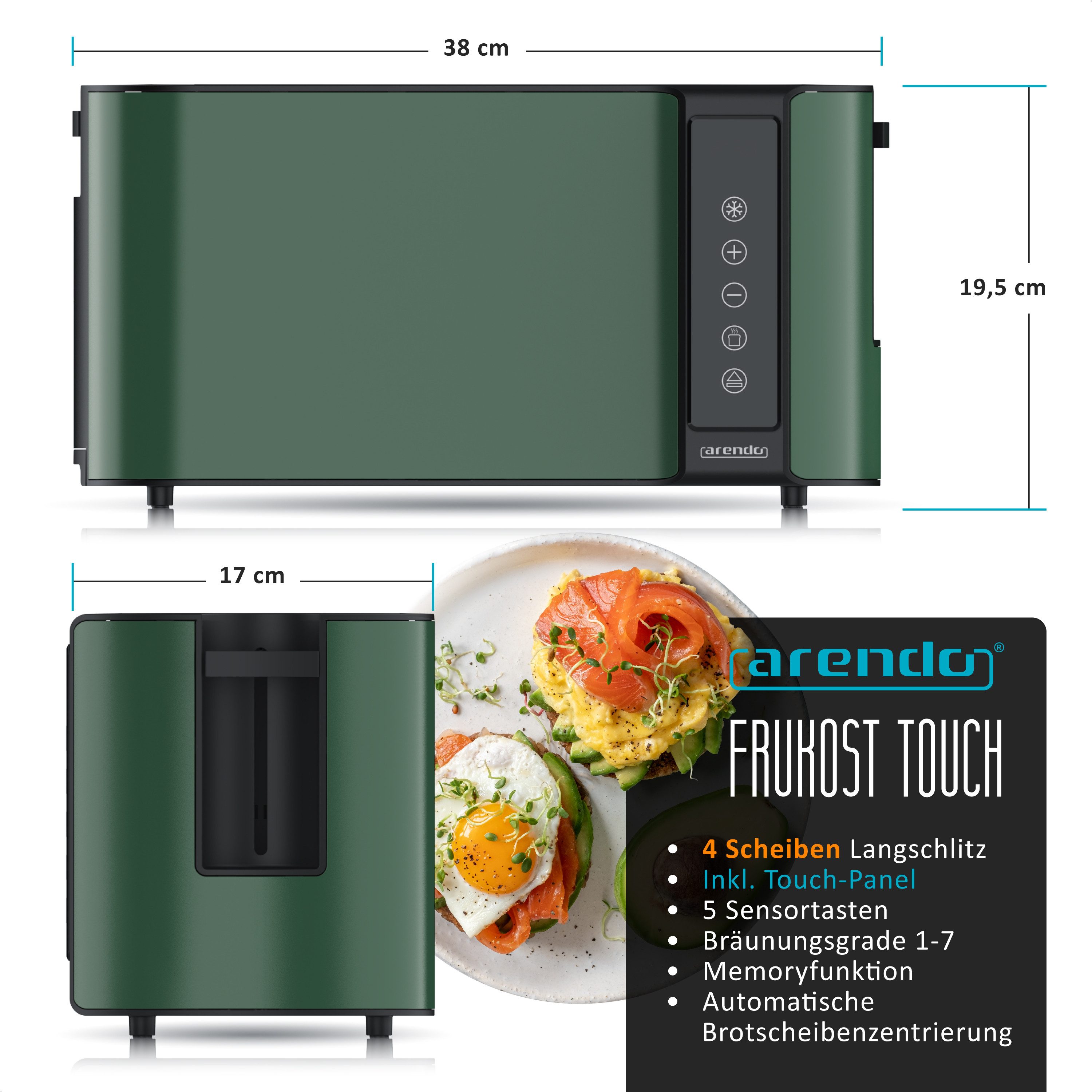 Arendo Toaster Wärmeisoliertes Doppelwandgehäuse, Display mit Restzeitanzeige, 2 lange Schlitze, für 4 Scheiben, 1500 W, Touchpanel, Brötchenaufsatz, 7 Bräunungsgrade, Brotscheibenzentrierung