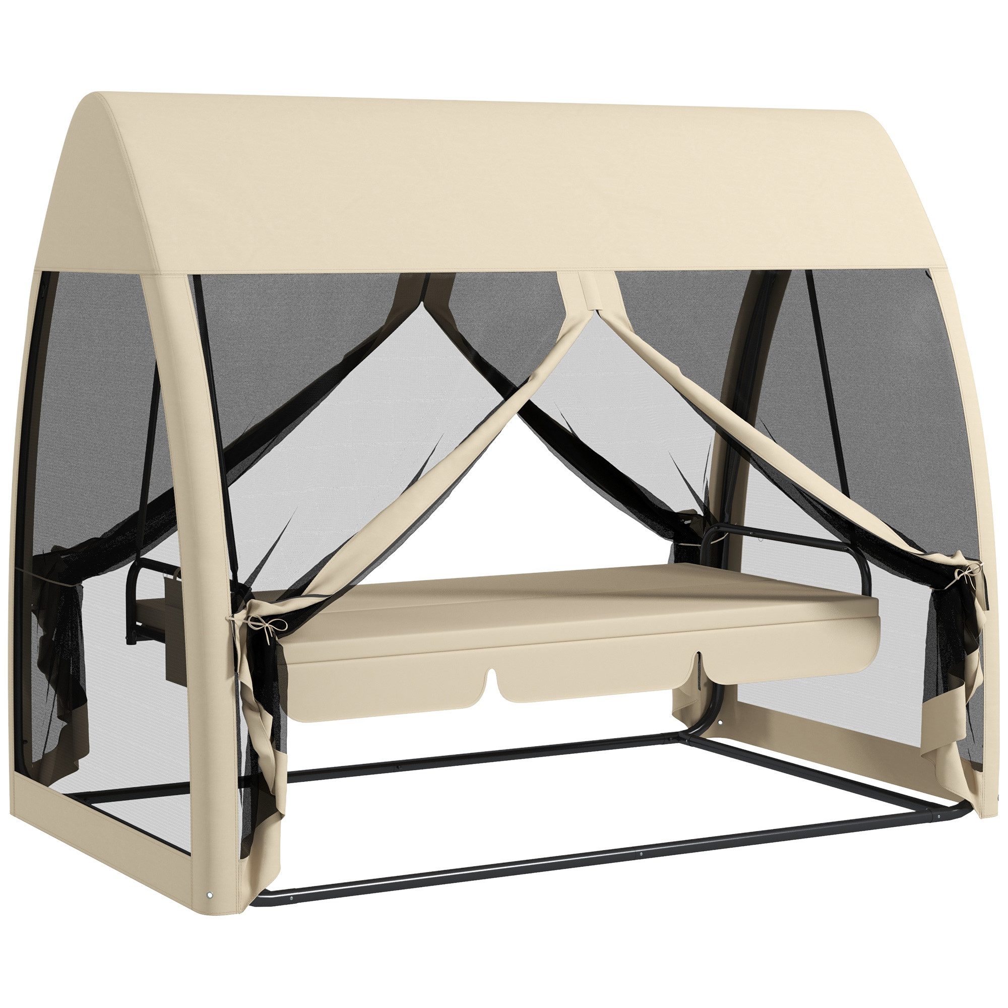 Outsunny Hollywoodschaukel 2 in 1, mit Liegefunktion, Baldachin, Mückennetz, belast bis 300kg, 3-Sitzer, Bettfunktion, 3-Sitzer Gartenschaukel, 1 tlg., Schaukelbank, für Garten, Terrasse, 240 x 140 x 197 cm, Kaffee