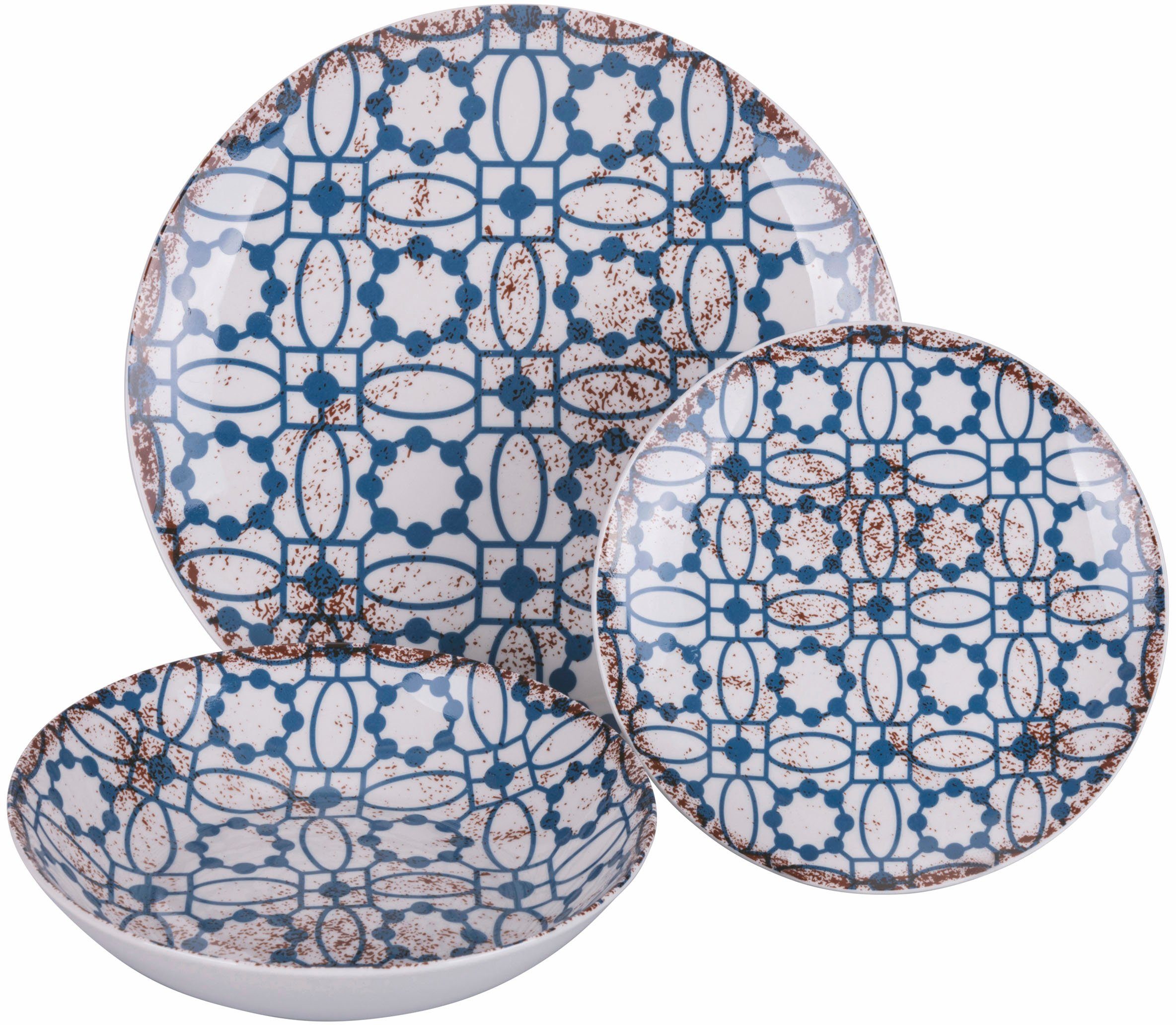 Villa d'Este Teller-Set Geschirr-Set Kasbah (18-tlg), 6 Teile, 18 Service, Tafelservice, 6 Blue Personen für Porzellan, Personen