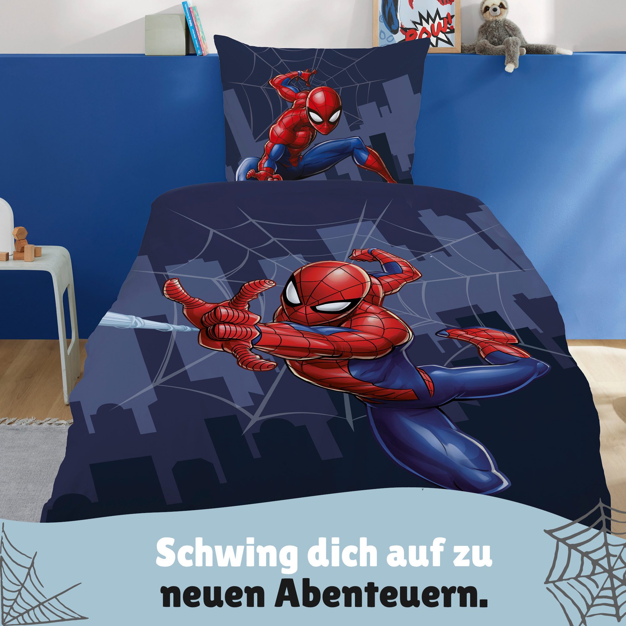 Familando Kinderbettwäsche Spiderman 135x200 80x80 cm aus 100% Baumwolle mit Reißverschluss, Renforcé, 2 teilig, mit Reißverschluss und Wendemotiv