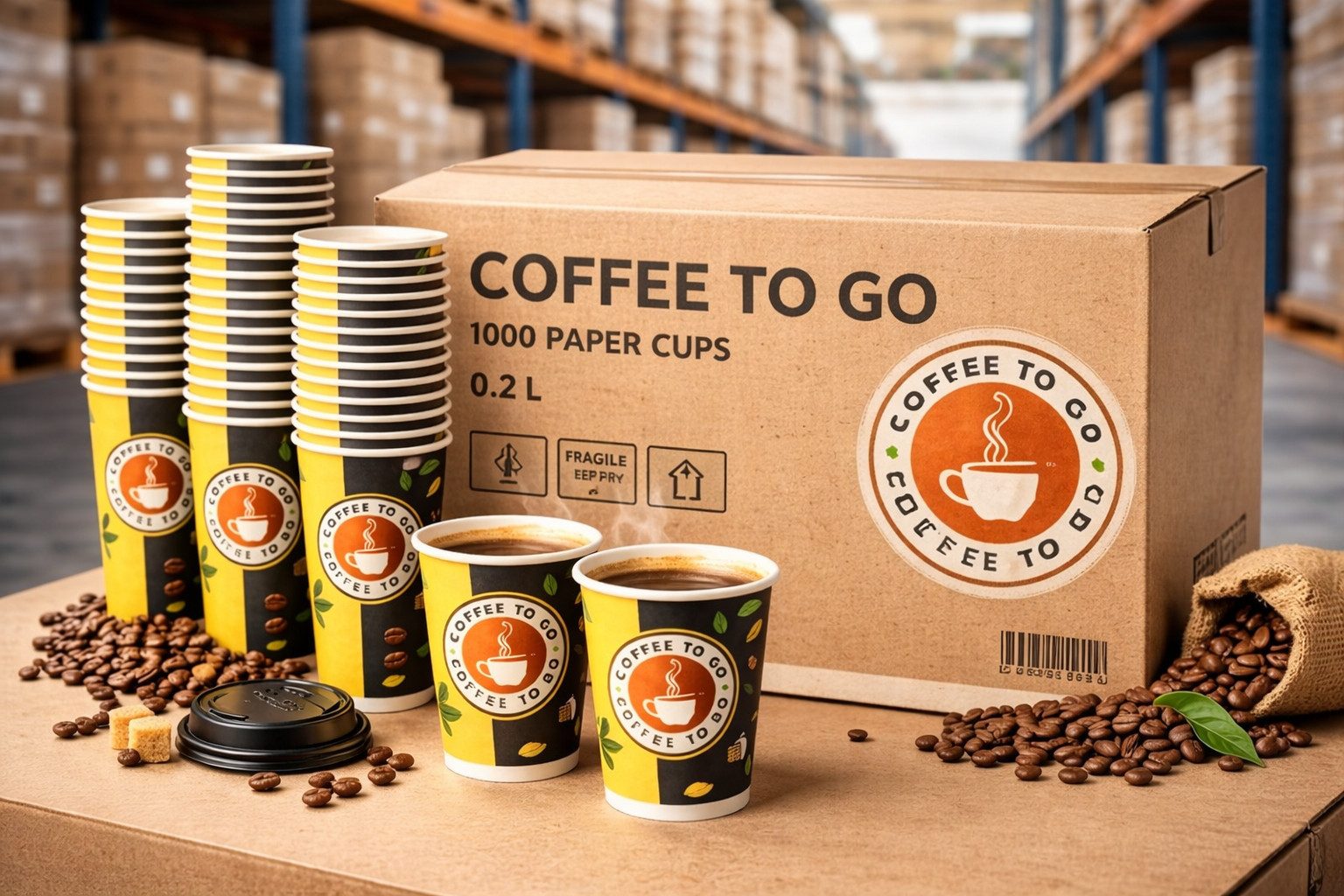 PACKEO Coffee-to-go-Becher Kaffeebecher To Go 200 ml (8 oz), Pappbecher für Heißgetränke, 1000-tlg., Gelb/Schwarz