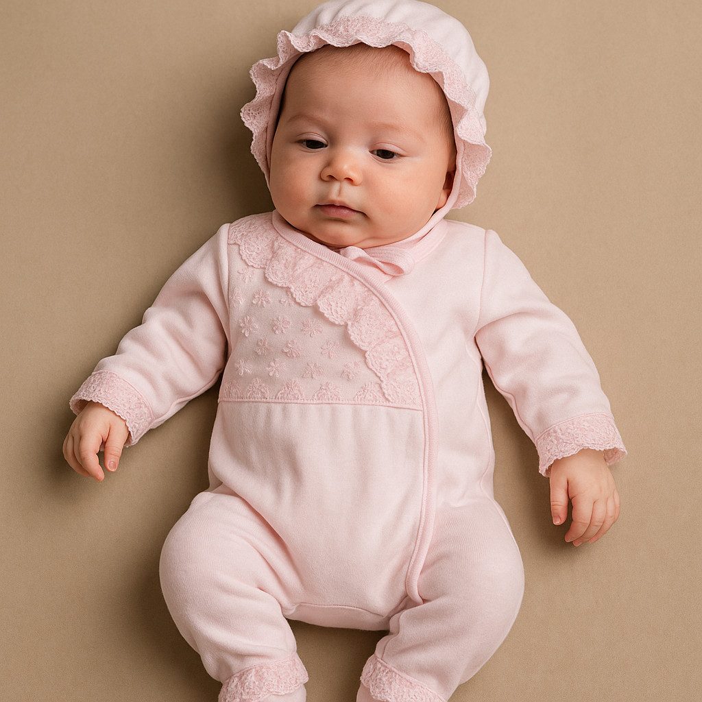 Strampler Baby Mädchen Strampler mit Fuß + Mütze, 100% Baumwolle, Spitze