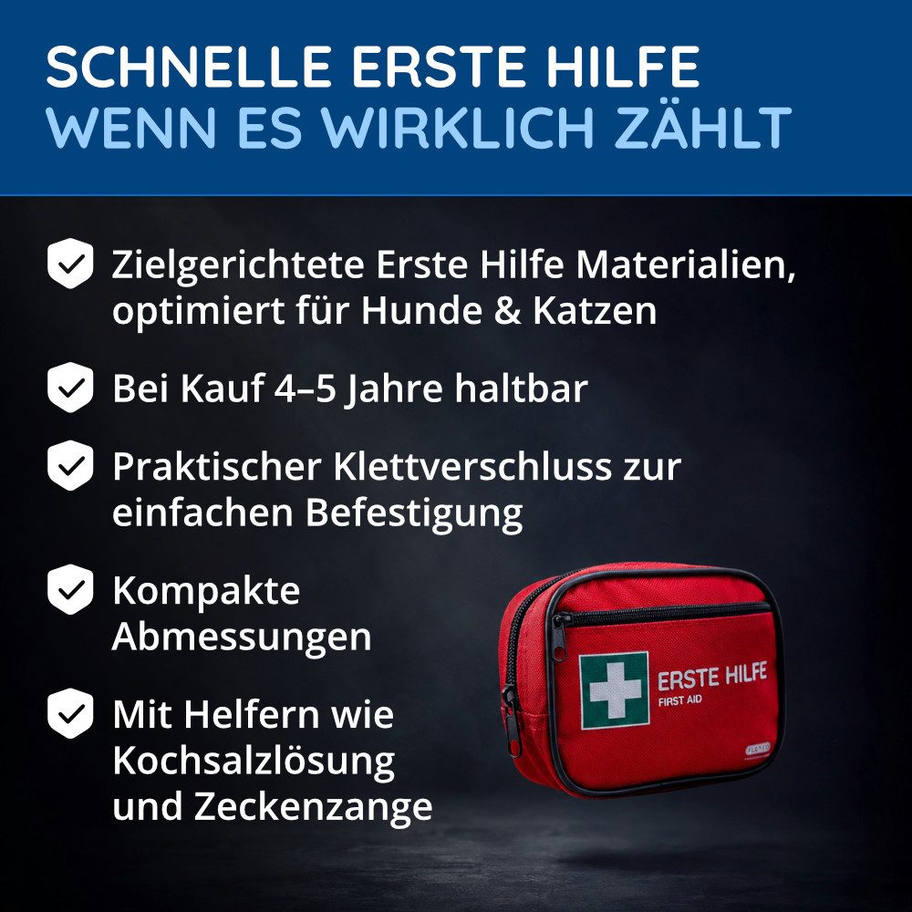 FLEXEO Erste-Hilfe-Set für Hund und Katze, Notfallausrüstung für Vierbeiner, 28-teilig, (1 St), mit Wundauflagen, Bandagen, Maulschlaufe, Zeckenzange, Reinigungstuch