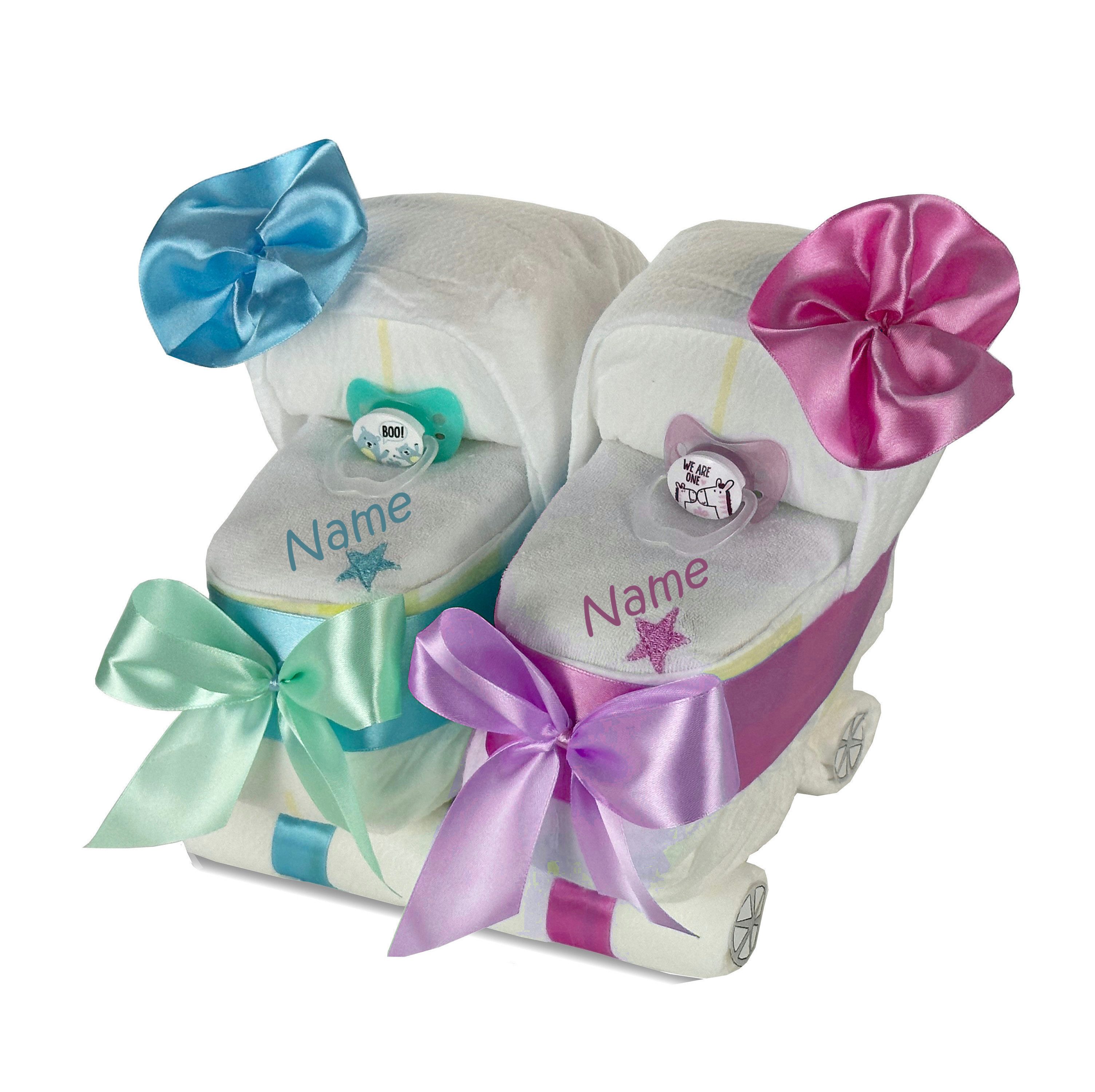 Neugeborenen-Geschenkset Windeltorte Zwillinge Kinderwagen, Zwillingswagen, Personalisiert