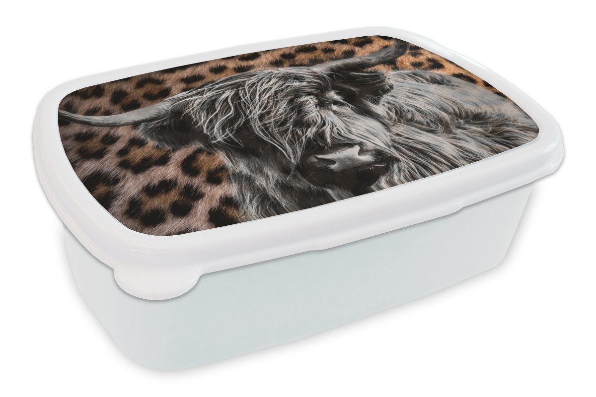 MuchoWow Lunchbox Schottischer Highlander - Pantherdruck - Tiere, Kunststoff, (2-tlg), Brotbox für Kinder und Erwachsene, Brotdose, für Jungs und Mädchen weiß