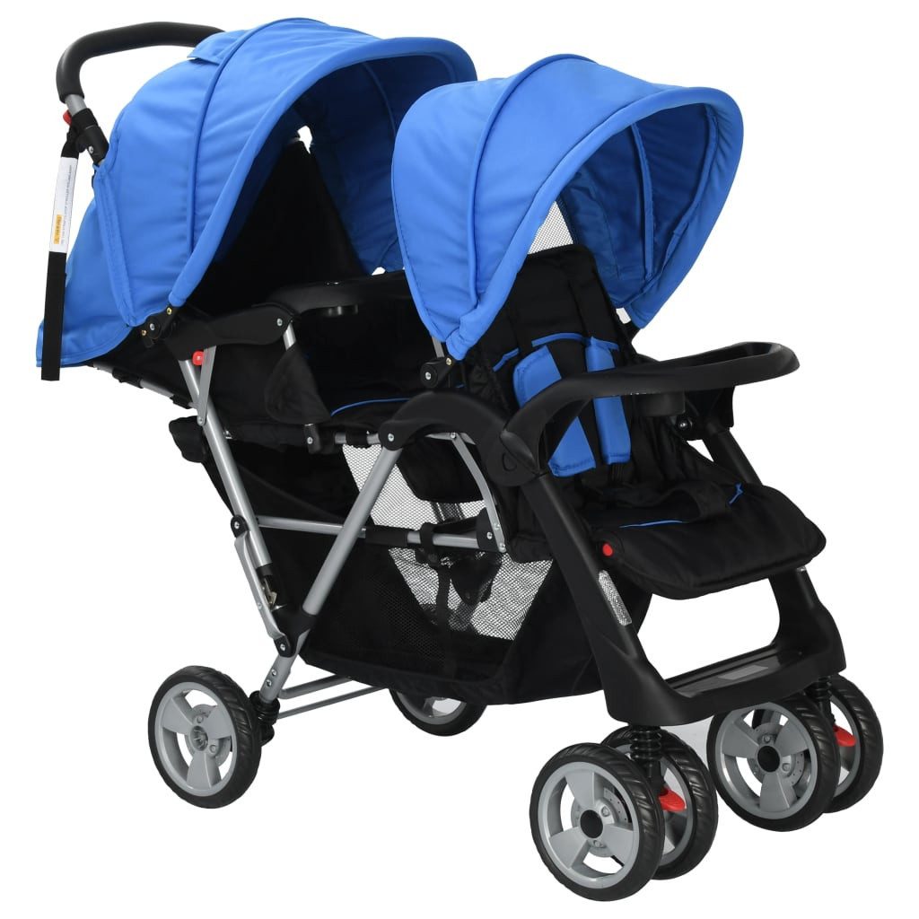 vidaXL Kombi-Kinderwagen Kinderwagen Kinderkarre Buggy Zwillings-Geschwisterwagen Stahl Blau un