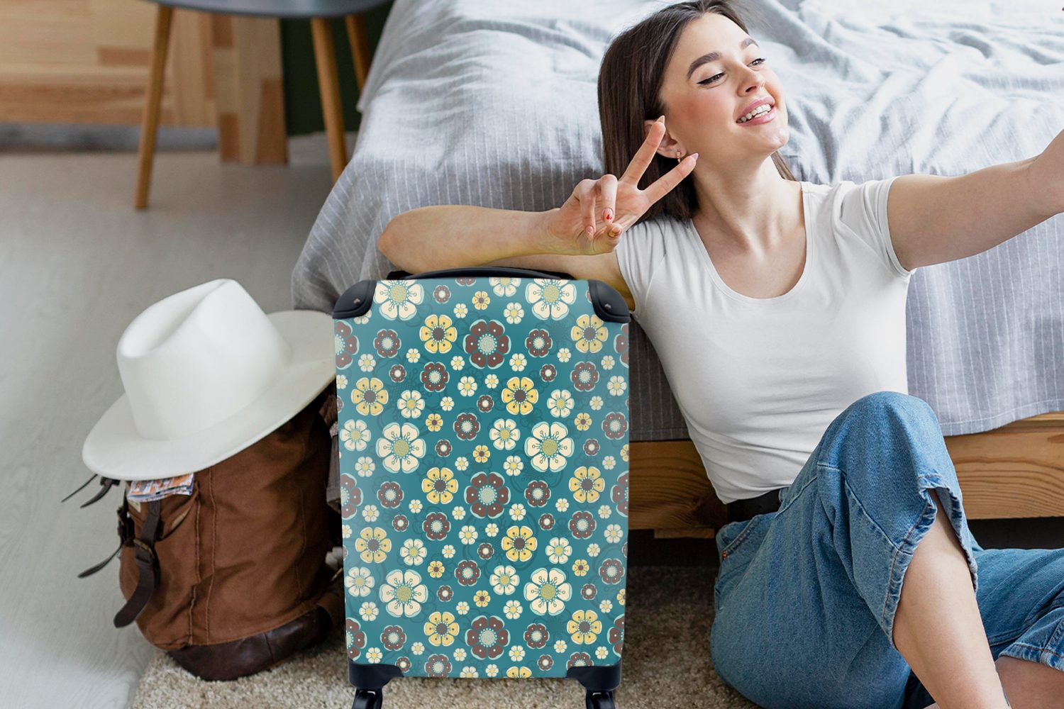 MuchoWow Handgepäckkoffer Retro - Blumen - Muster - Blau, 4 Rollen, Reisetasche mit rollen, Handgepäck für Ferien, Trolley, Reisekoffer