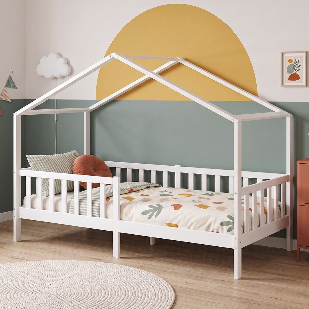 Bellabino Kinderbett Bia mit Rausfallschutz & Lattenrost (weiß, optional mit Matratze), Kinderbett aus Kiefernholz, verfügbar in 80x160/90/120/140x200 cm