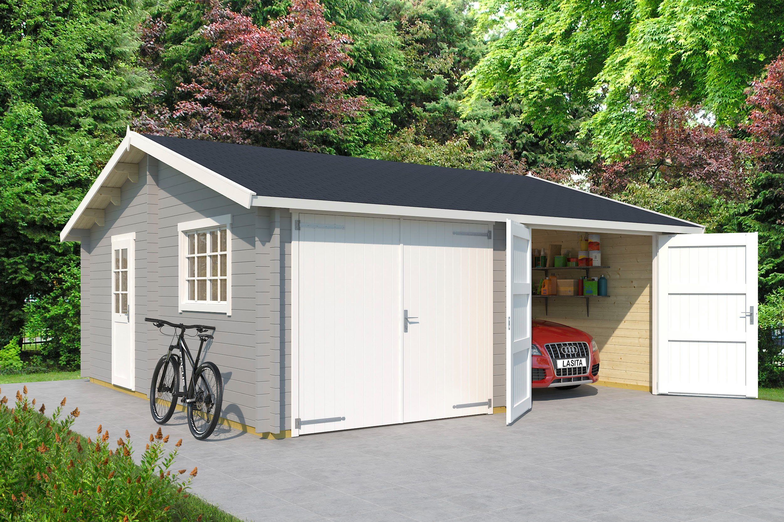 LASITA MAJA Garage Falkland (Set, Für 2 Fahrzeuge geeignet), Garage + 2 Holztoren