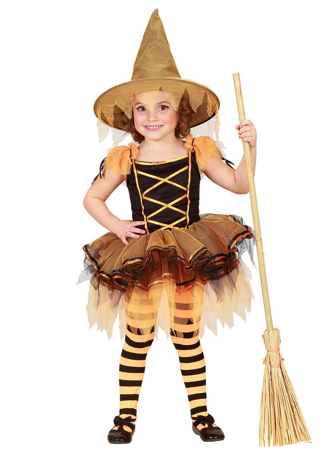 Widdmann Hexen-Kostüm Kürbishexe - Halloween Kostüm Kinder Mädchen, Kürbisfarbenes Hexenkostüm für Halloween