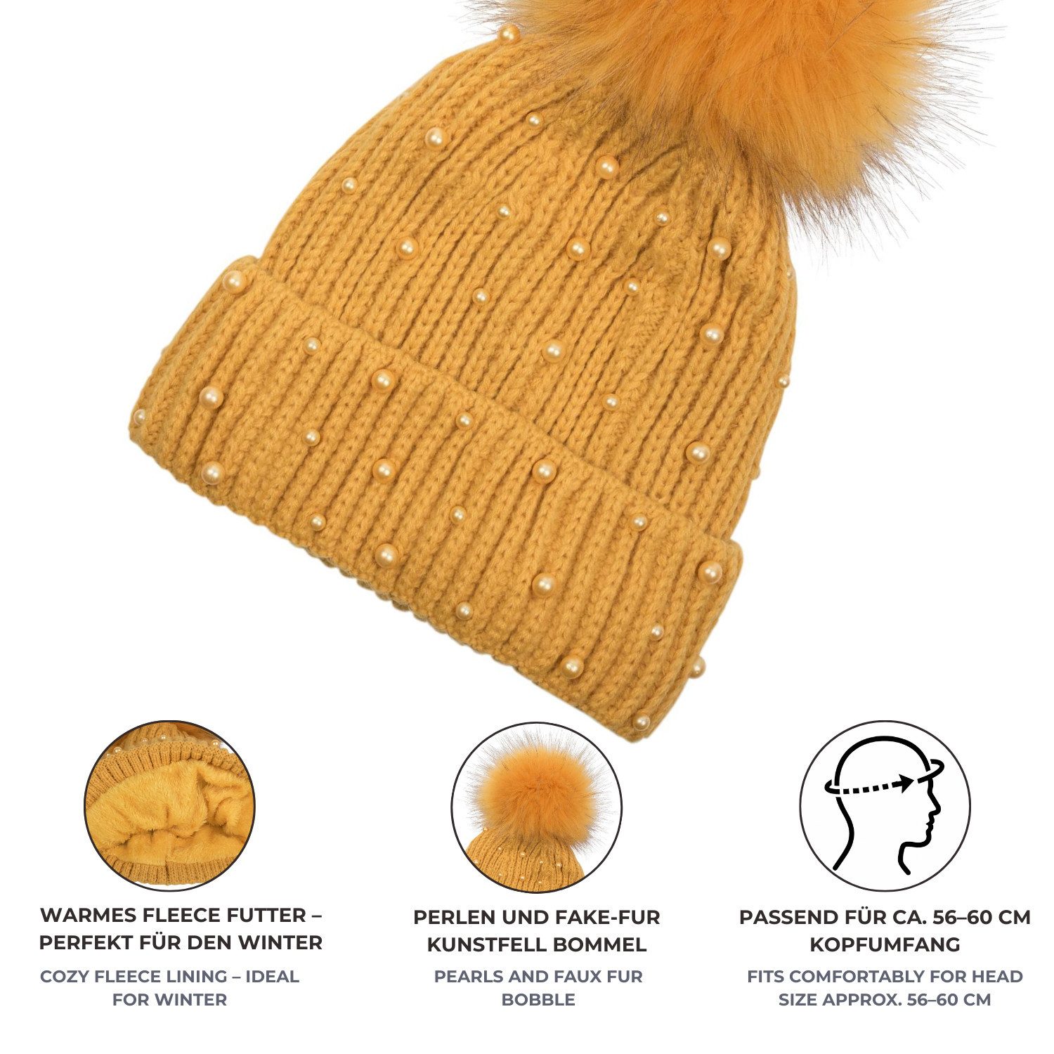 styleBREAKER Bommelmütze Strick Bommelmütze mit Perlen und Fleece Futter (1-St)