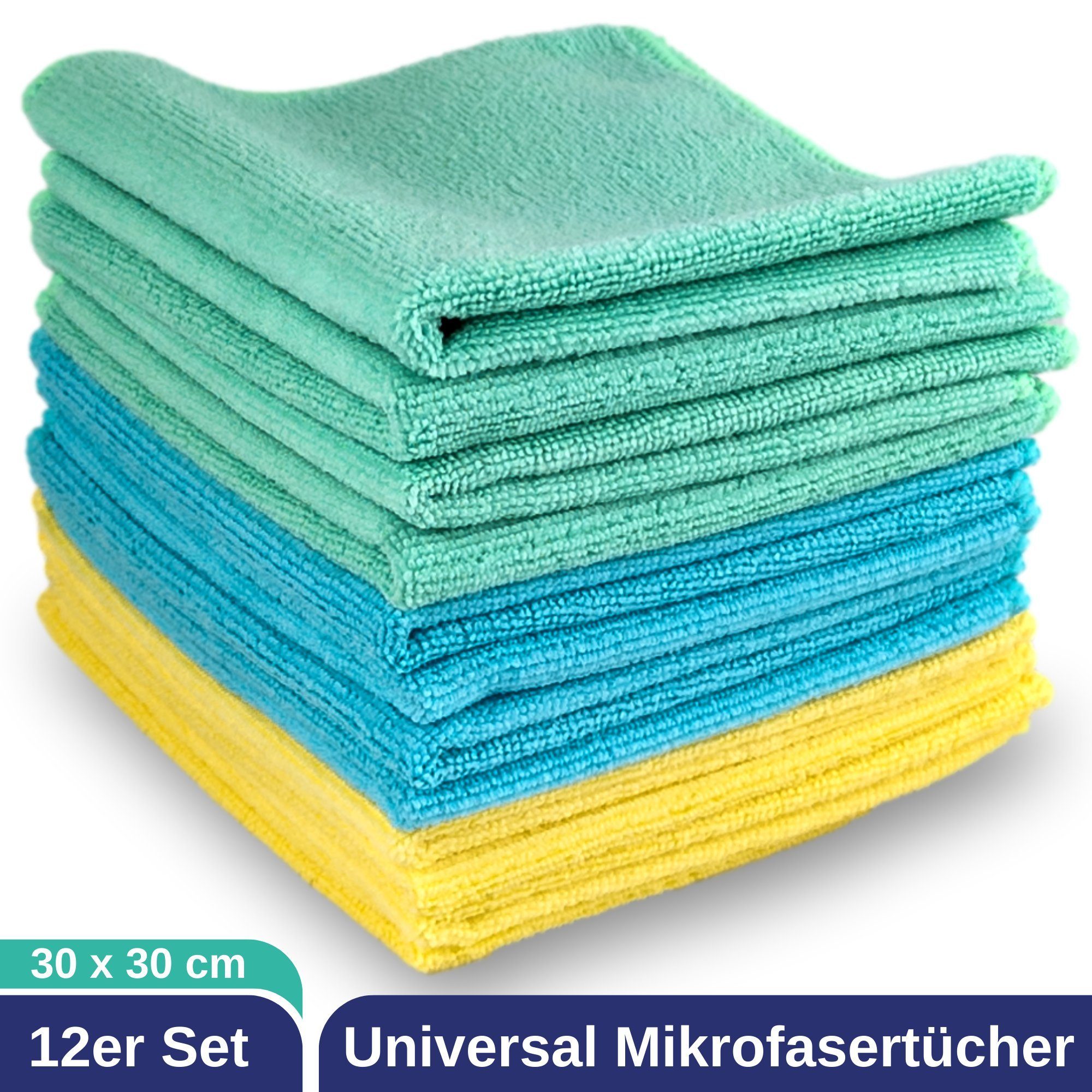 ELEXACLEAN Universal Reinigungstücher Mikrofasertuch (80% Polyester, 20% Polyamid (Mikrofaser), 30x30 cm, Set, 12-tlg., 30x30 cm, fusselfrei, streifenfrei, saugfähig)