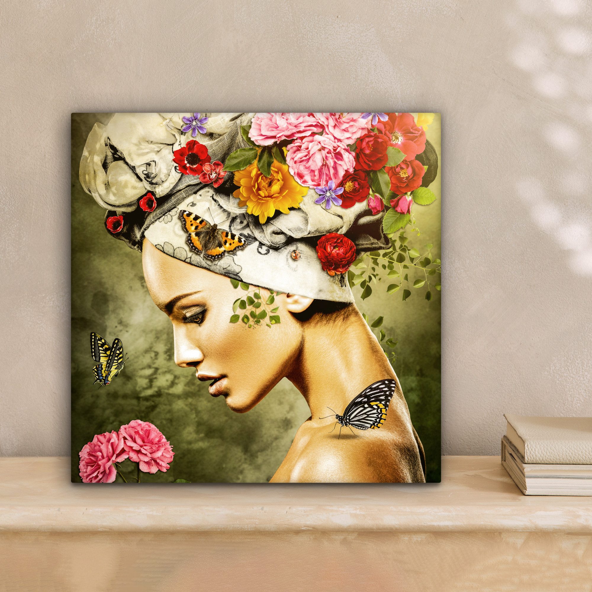 OneMillionCanvasses® Leinwandbild Frau - Blumen - Farben - Schmetterlinge - Rosen - Kopftuch, Fotodruck (1 St), Wandbild, Deko Schlafzimmer Wohnzimmer Flur 20x20 cm