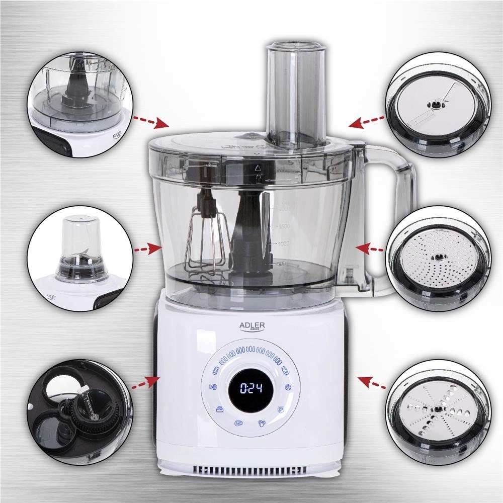 Adler Küchenmaschine, 2000W, 3,5L, 12in1 Multifunktionales Küchengerät mit LCD-Anzeige
