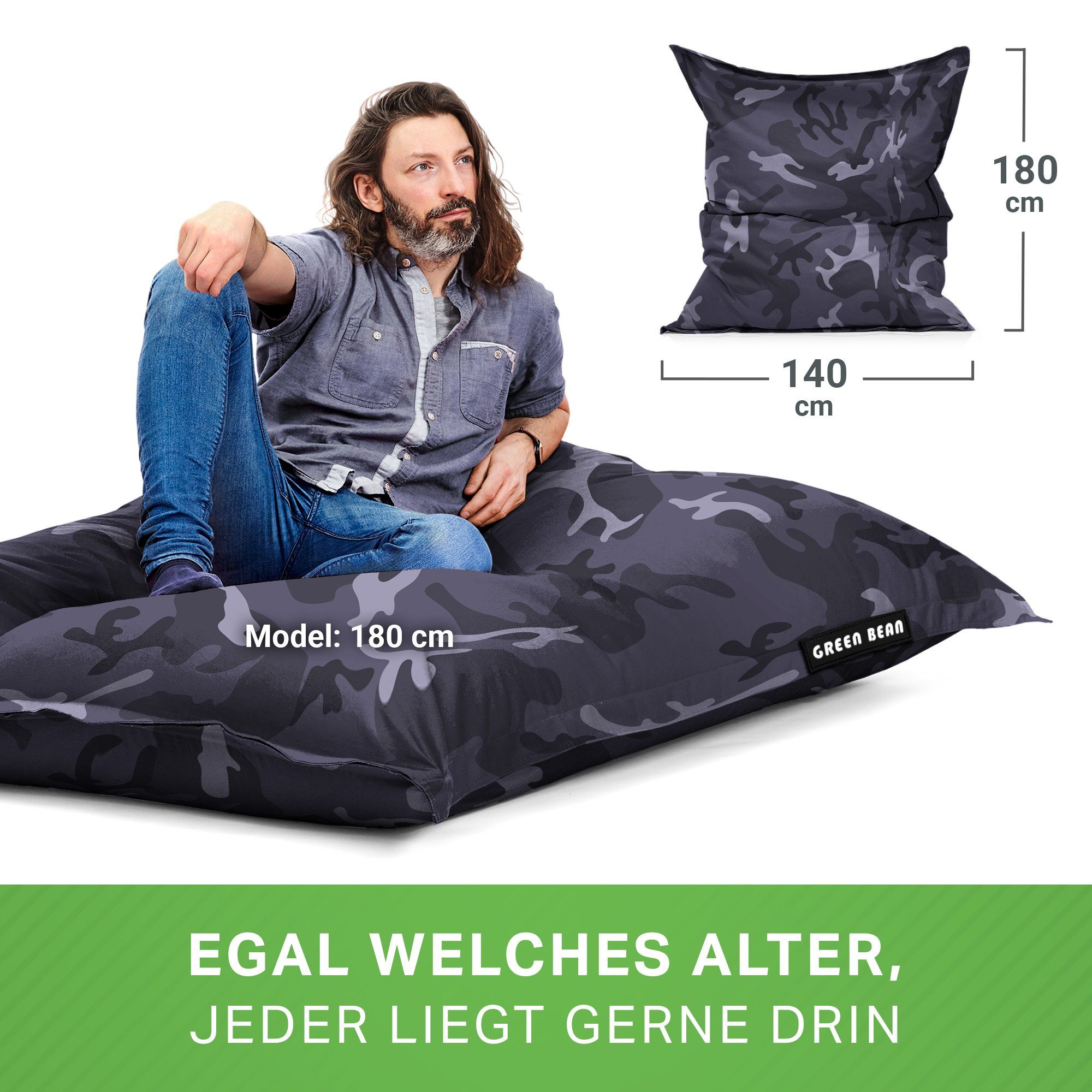 Green Bean Kinder Riesensitzsack Bean Draußen Liter Square Lounge Camouflage & Waschbar 140x180cm Outdoor Liegekissen), Wetterfest Füllung, Perlen Bodenkissen Sitzsack EPS Erwachsene Schwarz Sitzkissen Bag (XXL 380 Groß