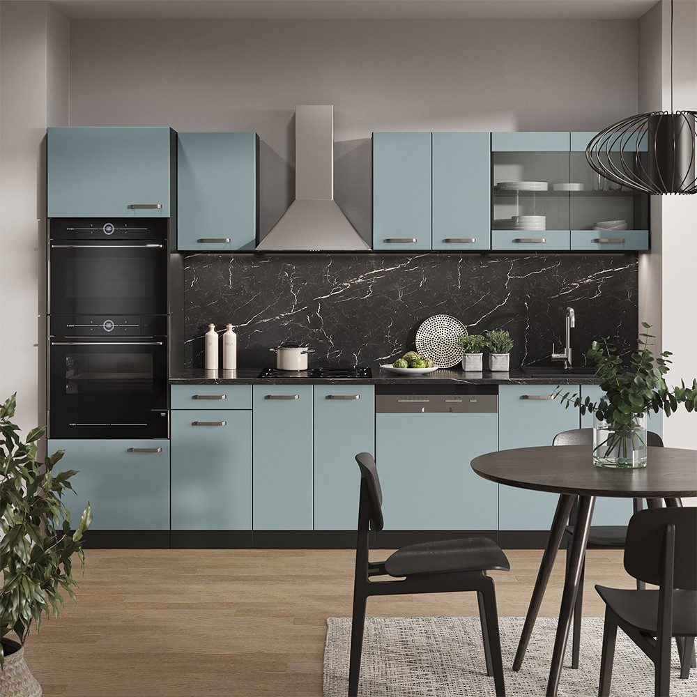 Vicco Küchenzeile R-Line, Blau-Grau/Anthrazit, 300cm mit Hochschrank ohne Arbeitsplatte