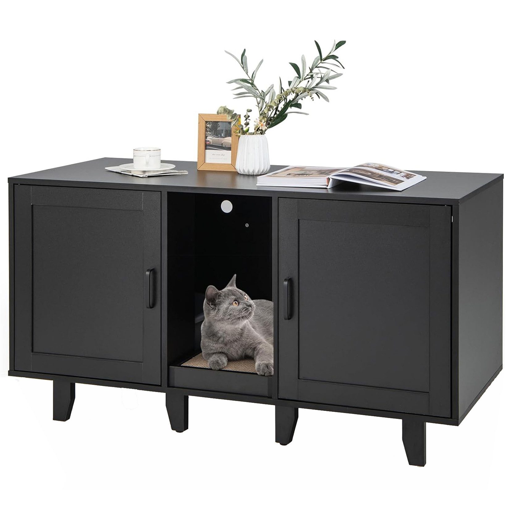 KOMFOTTEU Tierhaus 3 in 1 Katzenschrank, Beistelltisch TV-Ständer für 2 Katzen, 120x52x65cm