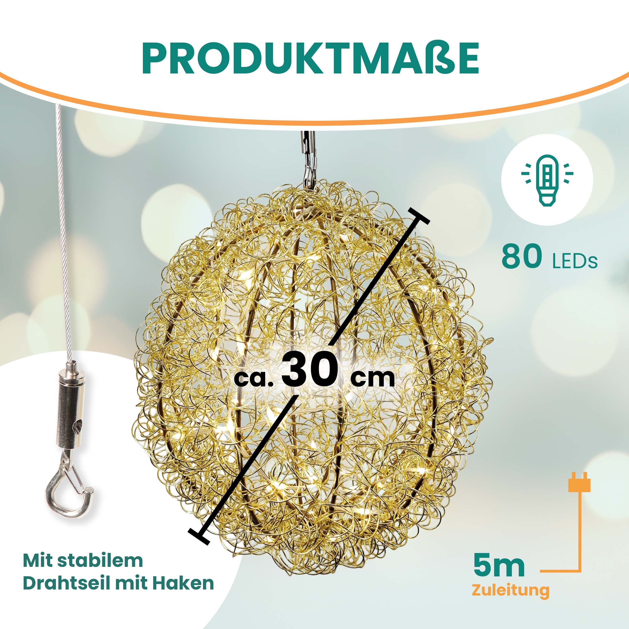 Gartenpirat LED-Lichterkette 3D Drahtkugel Gold Ø 30 cm mit 80 LED warmweiß Timer-Funktion IP44, Perfekt für jeden Anlass - Weihnachten, Gartenbeleuchtung, Deko