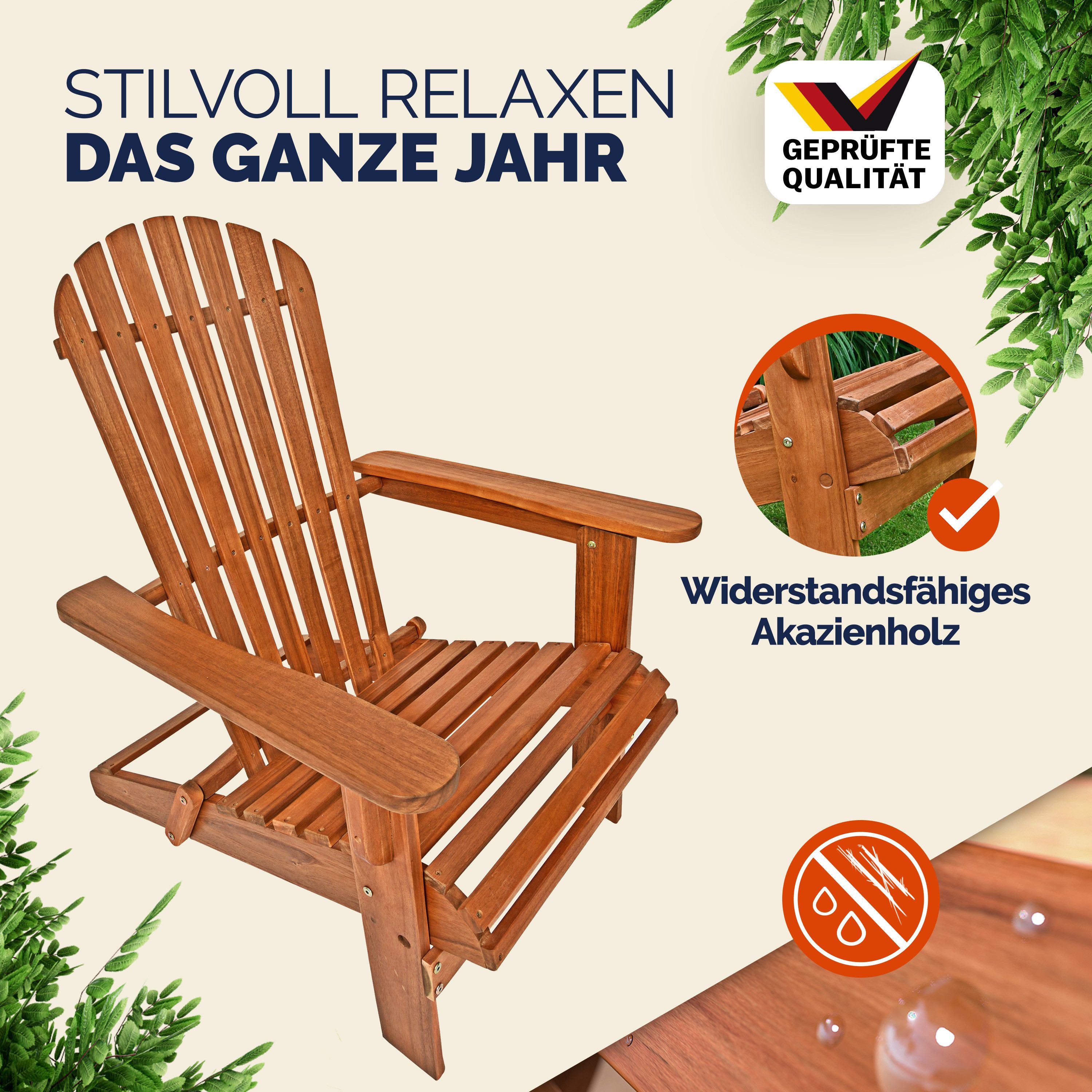 Casaria Gartensessel, Akazie Holz 160kg Belastbar Wetterfest Klappbar Armlehnen Garten