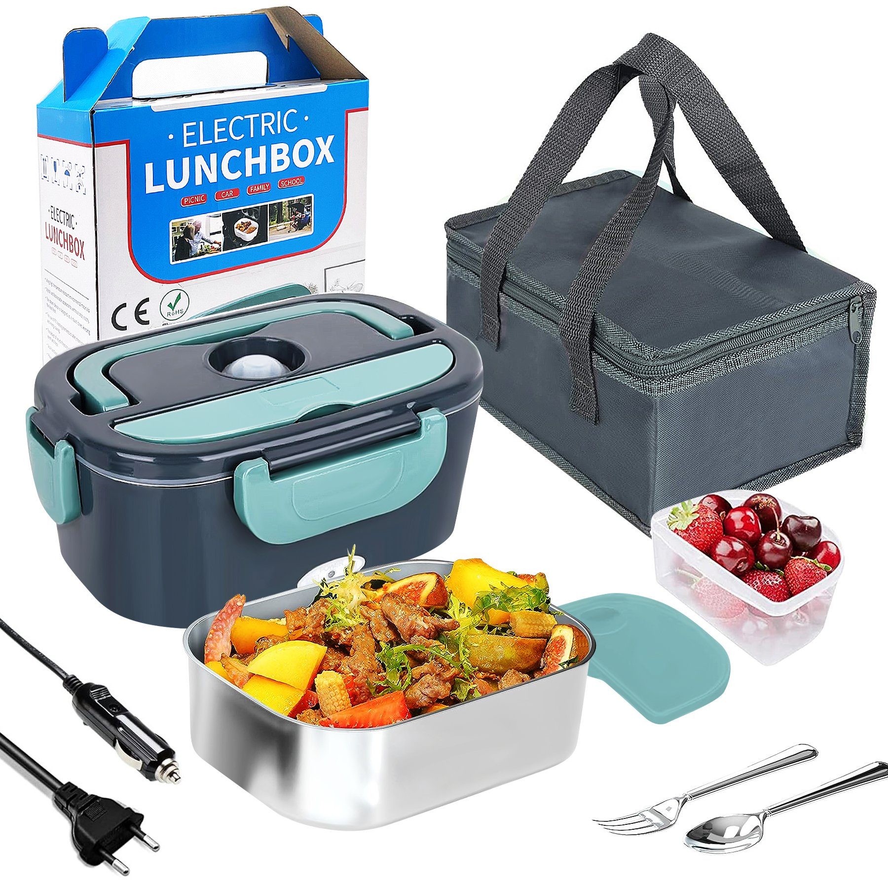 Senmudi Lunchbox Elektrische Lunchbox 3-in-1 für Auto LKW und Arbeit, 220 V +12 V, Edelstahl, 1,5 l 40 W, tragbare elektrische Dose