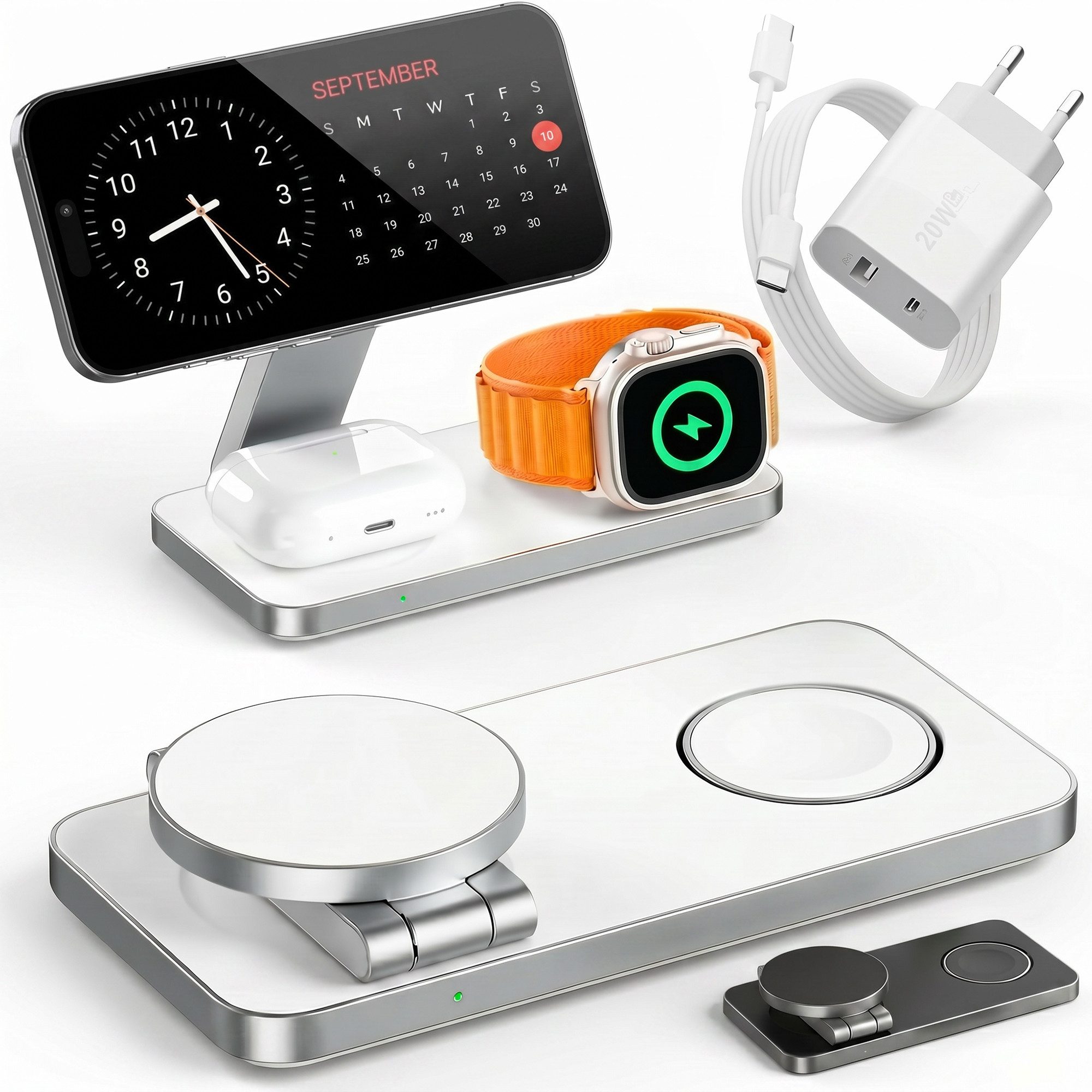 GreenHec Ladestation Apple Watch iPhone 3in1 MagSafe Ladegerät Wireless Charger Wireless Charger (3000 mA, Spar-Set, 3in1 PowerBase + USB-C Kabel + 20w Dual Charger, 18 17 16 15 14 13 Pro Max Air Charging Station Induktionsladegerät)