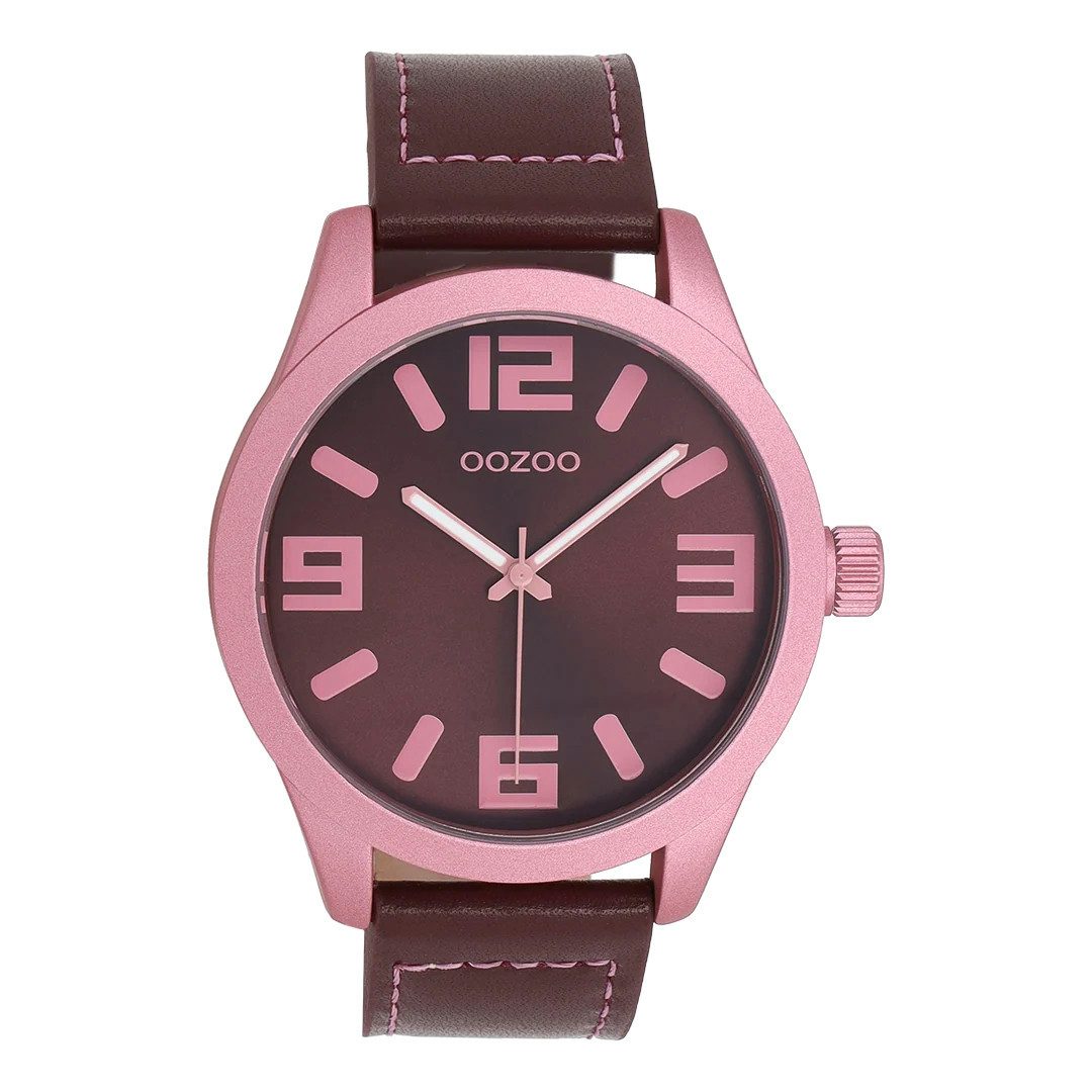 OOZOO Quarzuhr XXL Armbanduhr C0916 Bordeaux Pink Lederband 46 mm