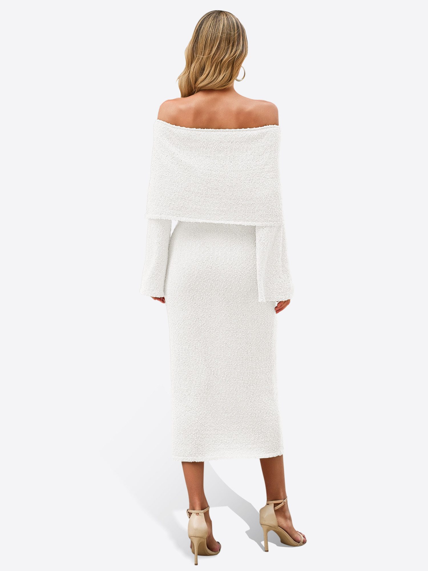 Imily Bela Strandkleid Damen Schulterfrei Strick Maxi Trompetenärmel Sexy B günstig online kaufen