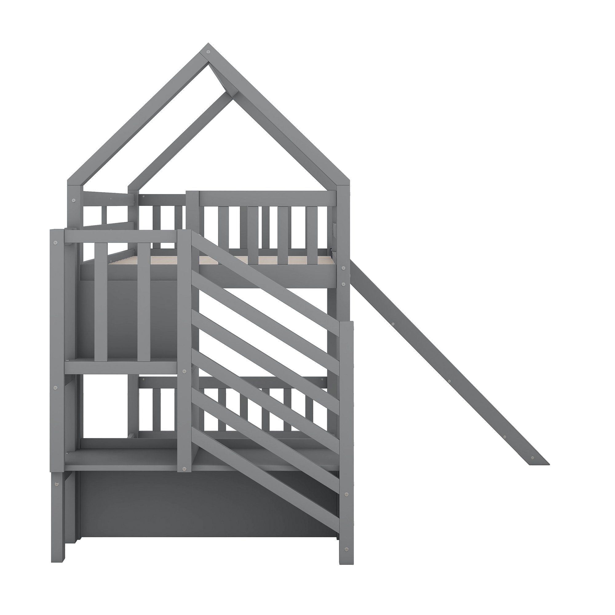 OKWISH und Stauraumtreppe 90x200cm Kinderbett, Jugendliche, Geländer), (mit Bett für Ohne grau mit Etagenbett, Matratze Hausbett Rutsche, geeignet Kinder,