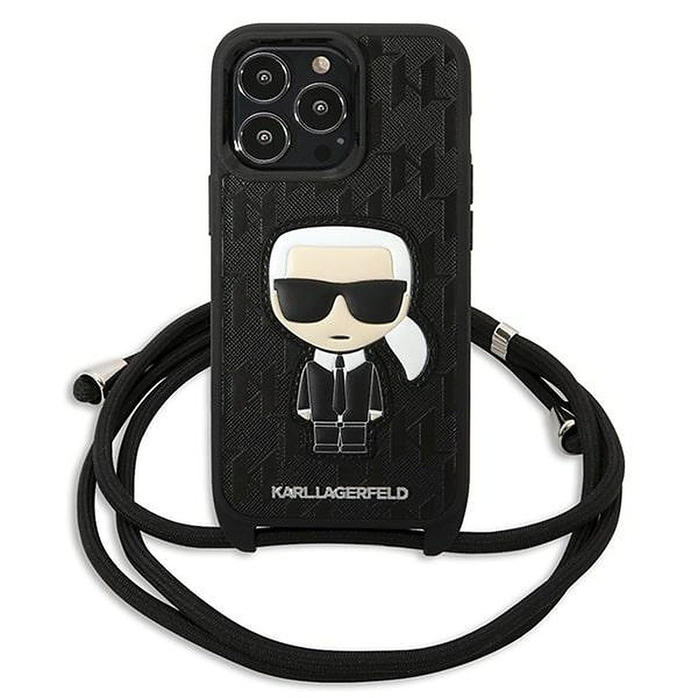 KARL LAGERFELD Handyhülle Schutzhülle Umhängehülle Designerhülle 6,1 Zoll, Monogramm-Patch, Kordel zum Umhängen, Hardcase