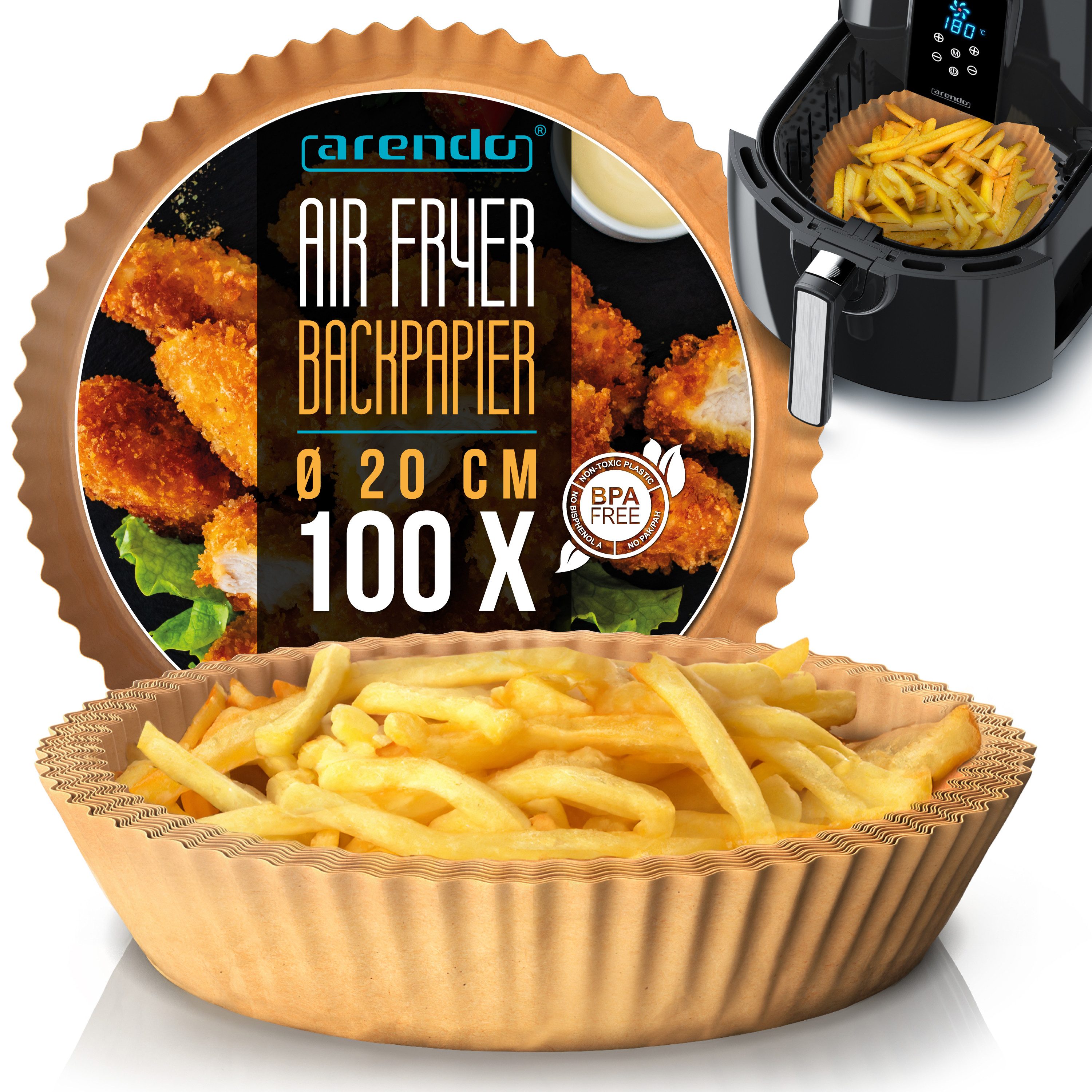 Arendo Backpapier rund für Heißluftfritteuse 4,7 - 7,5 L, 100 St., 20 x 4,5 cm, Antihaft, ungebleicht, wasser & ölbeständig, Airfryer Zubehör, Ofen, Mikrowelle
