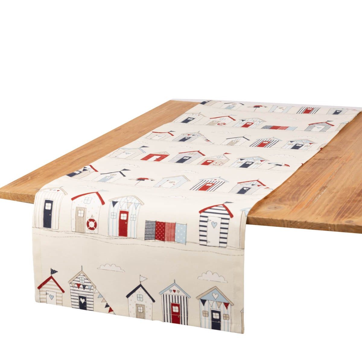 SCHÖNER LEBEN. Tischläufer Tischläufer BW Beach Huts ecru blau rot 40x160cm von SCHÖNER LEBEN., handmade