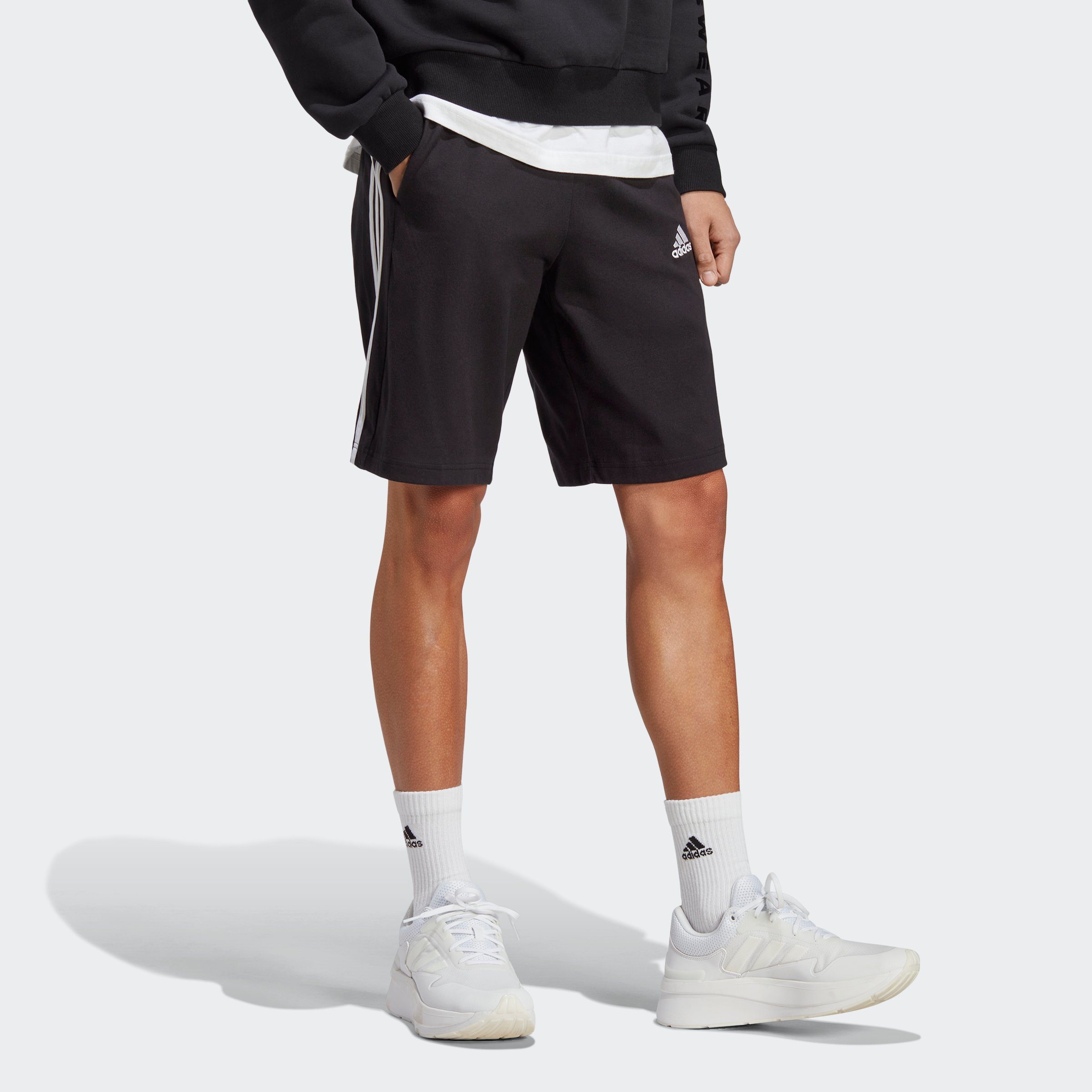SINGLE adidas JERSEY Bund Kordelzug Sportswear ESSENTIALS mit Elastischer (1-tlg), 3-STREIFEN Shorts
