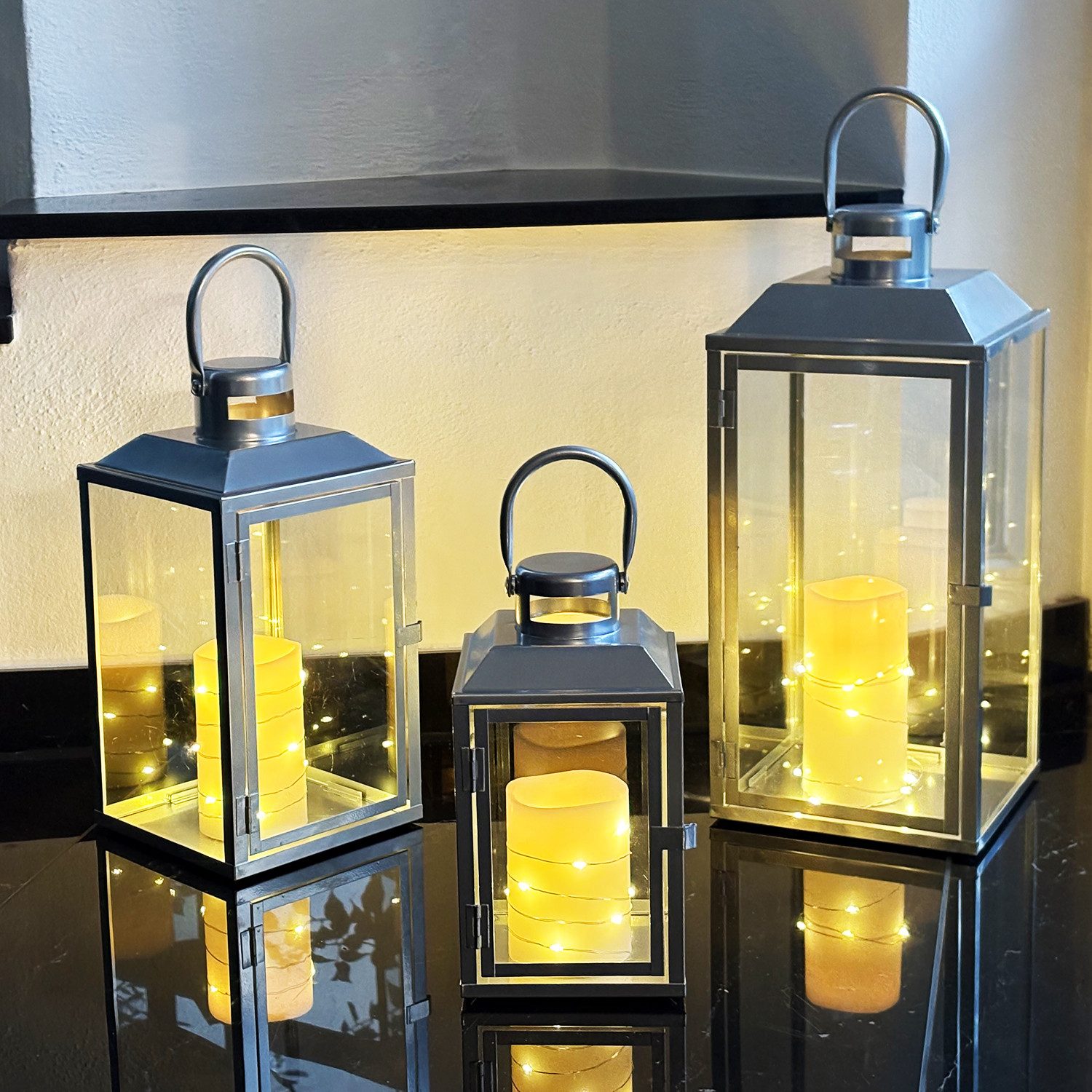 Mojawo Laterne 3er Gartenlaternen Laternen Metall Windlicht Silber H24/33/4 günstig online kaufen