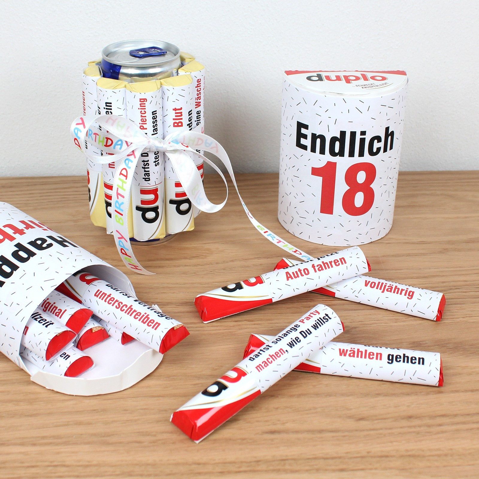 nikima Packpapier PAPIER SET - Duplo Endlich 18 Geburtstag Geschenk DIY Vorlagen Set
