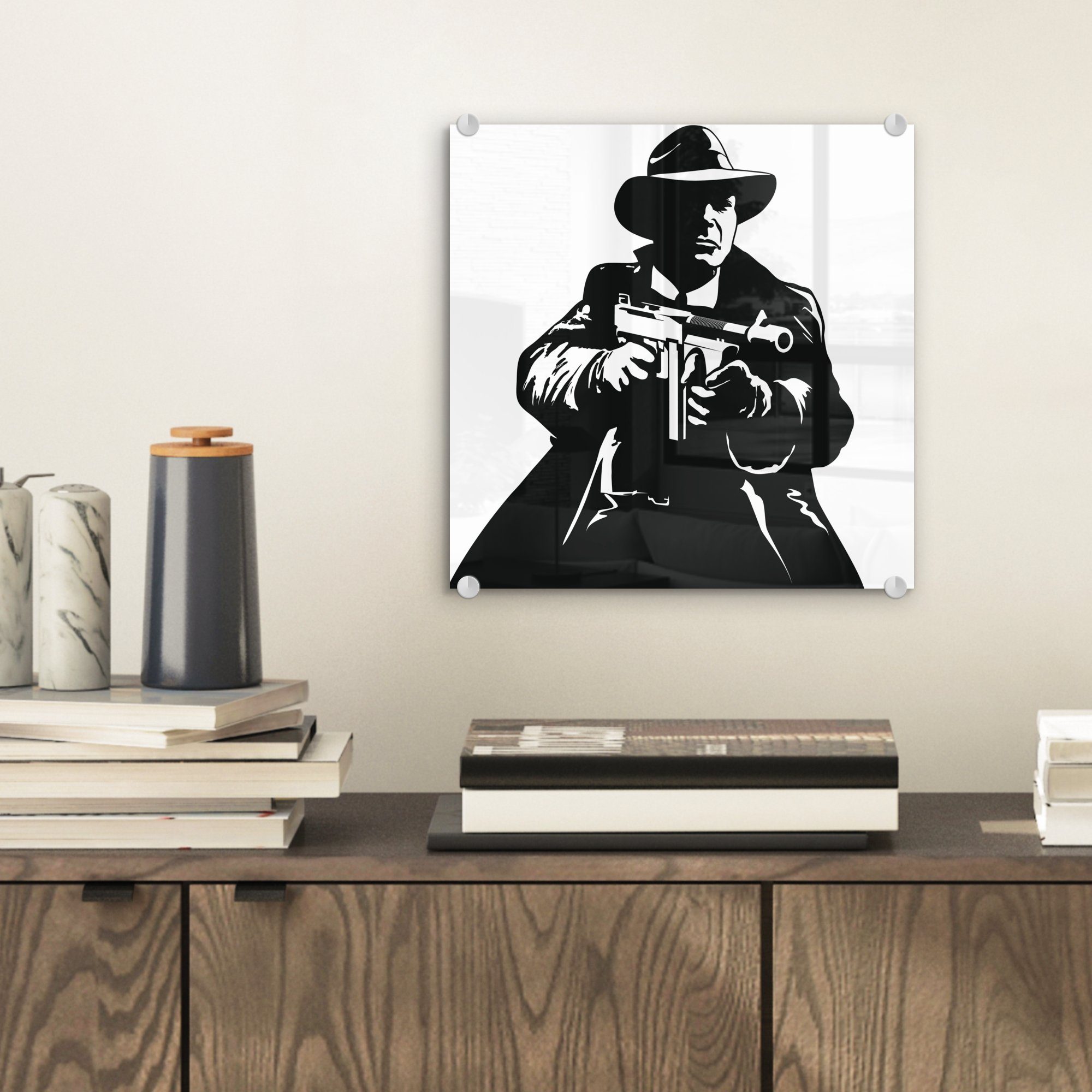 Glasbilder Illustration Bilder auf Acrylglasbild einer Mafia-Mitglieds Glas Foto (1 Wandbild auf St), Glas eines der in in, mit MuchoWow Wanddekoration - - Hand Pistole -