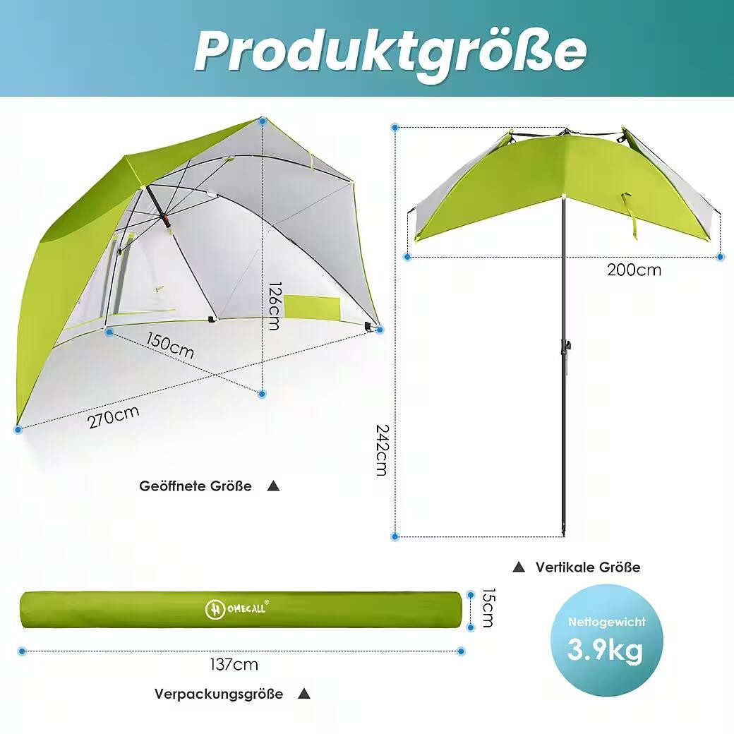HOMECALL Strandmuschel sonnenschirm strand&strandstuhl klappbar leicht&Strandmatte Strand Set, Personen: 2 (mit umbrella system UV-resistentes 50+ Khaki für 2-3 Personen, große Kühltasche und Aufbewahrungstasche)