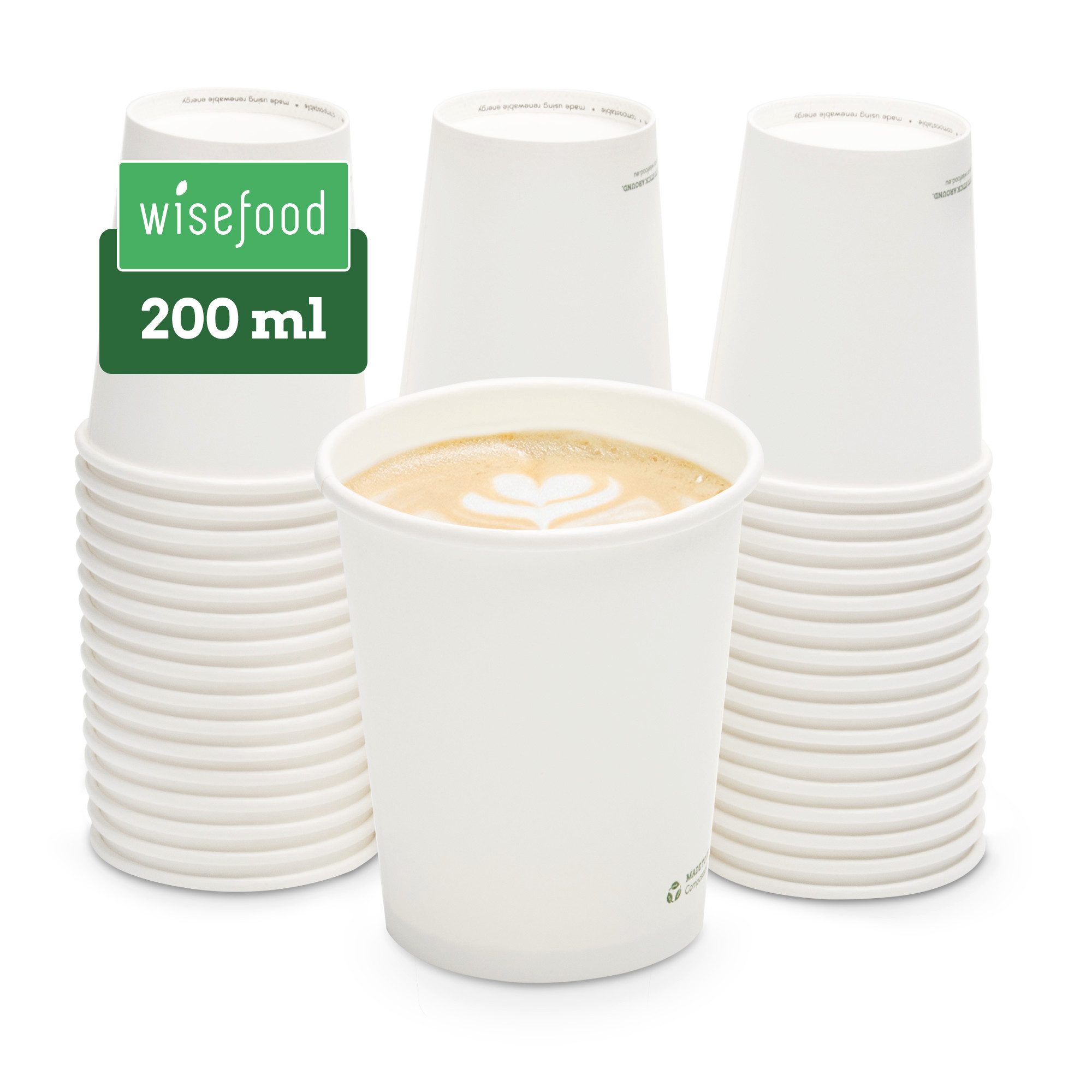 wisefood Einwegbecher 50-tlg., Bio-Pappbecher, 200 ml, kompostierbar, einwandig, weiß, 50-tlg., Papier