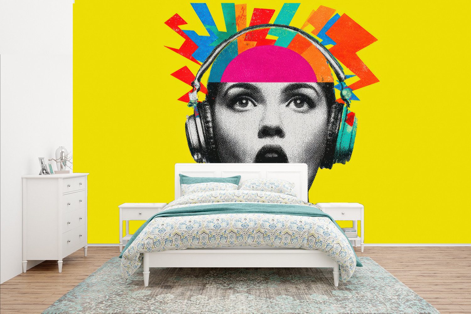 MuchoWow Fototapete Frau - Kopfhörer - Gelb, Matt, bedruckt, Vinyl Tapete für Wohnzimmer oder Schlafzimmer, Wandtapete, 435x260 cm